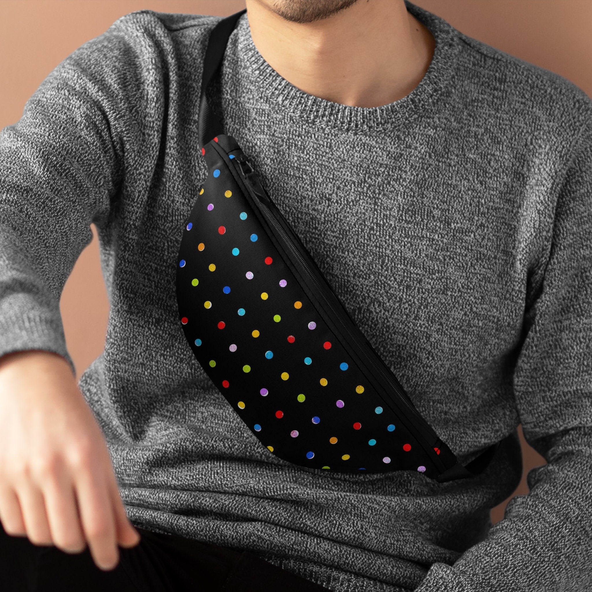 Sweetness Festival Fanny Pack: Black Multi-color Polka Dots Colorful Vibrant Accessory with Lay-Flat Design