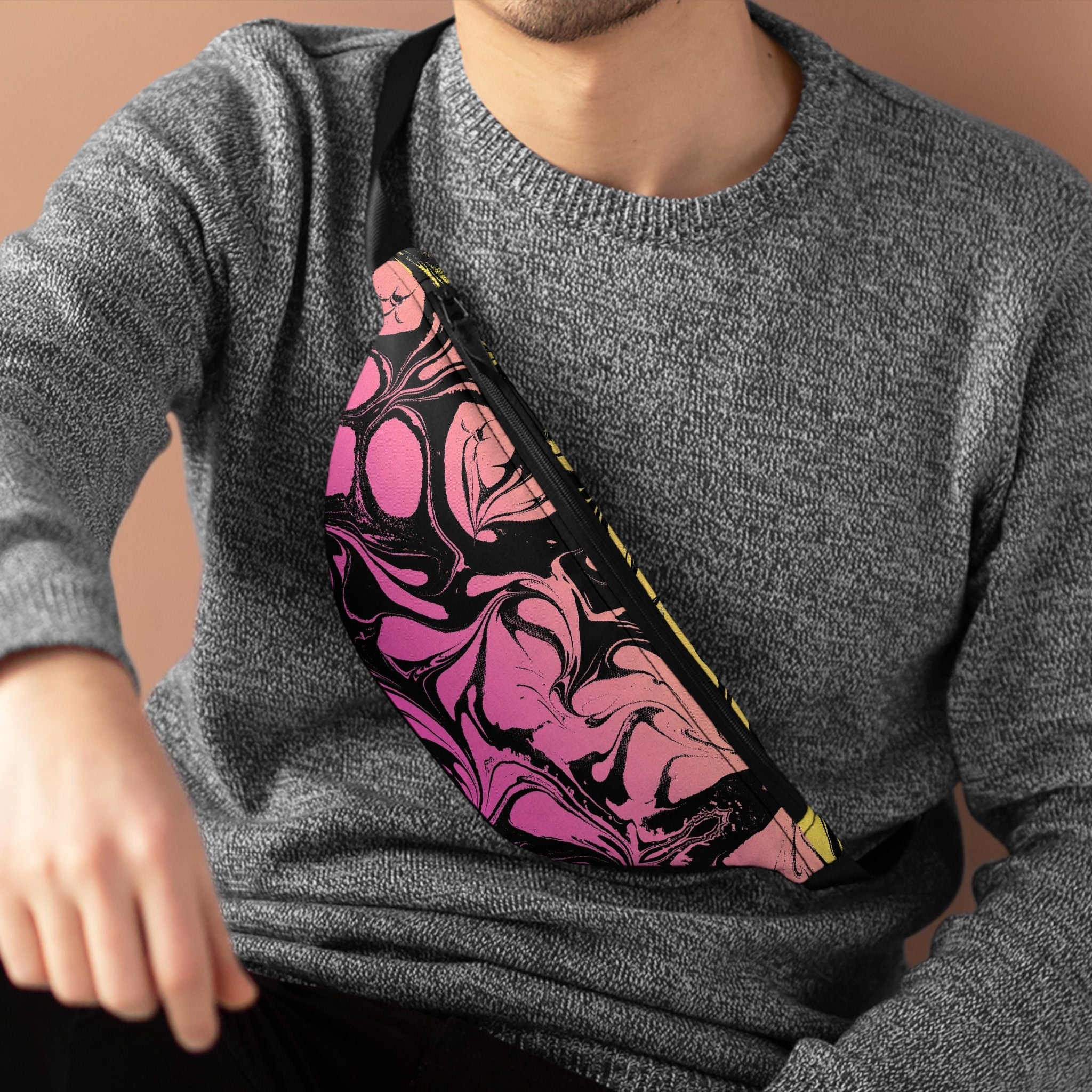 Abstract Pour Paint Fanny Pack: Pink Yellow Festival Waist Bag