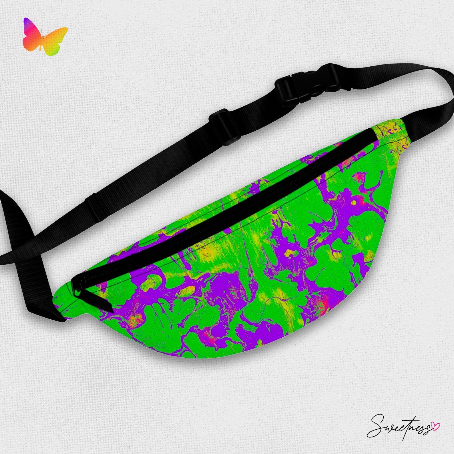 Sweetness Festival Fanny Pack: Green Purple Abstract Wet Paint Vibrant Accessory with Lay-Flat Design