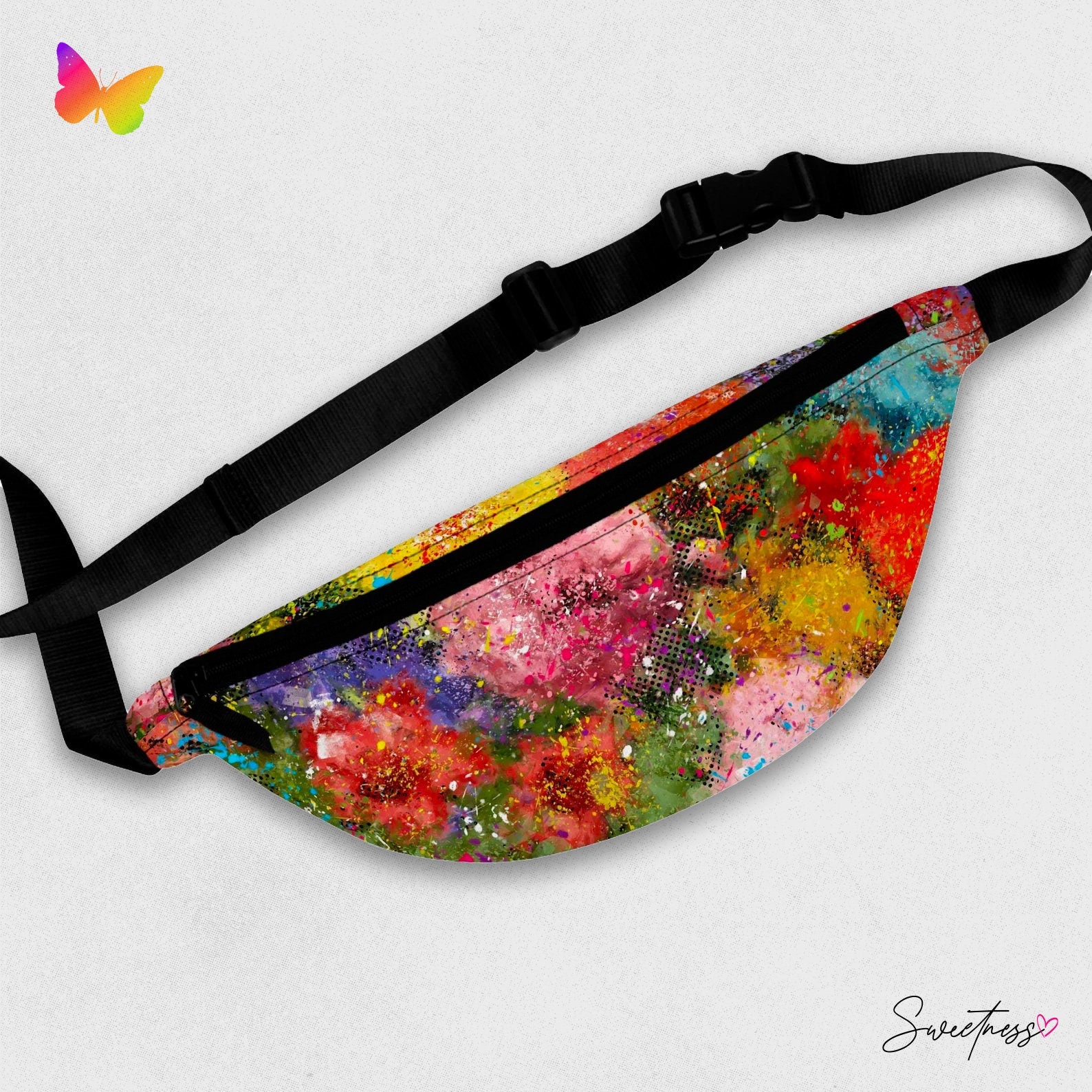 Floral Rainbow Festival Fanny Pack: Vibrant Rave Hip-Pouch