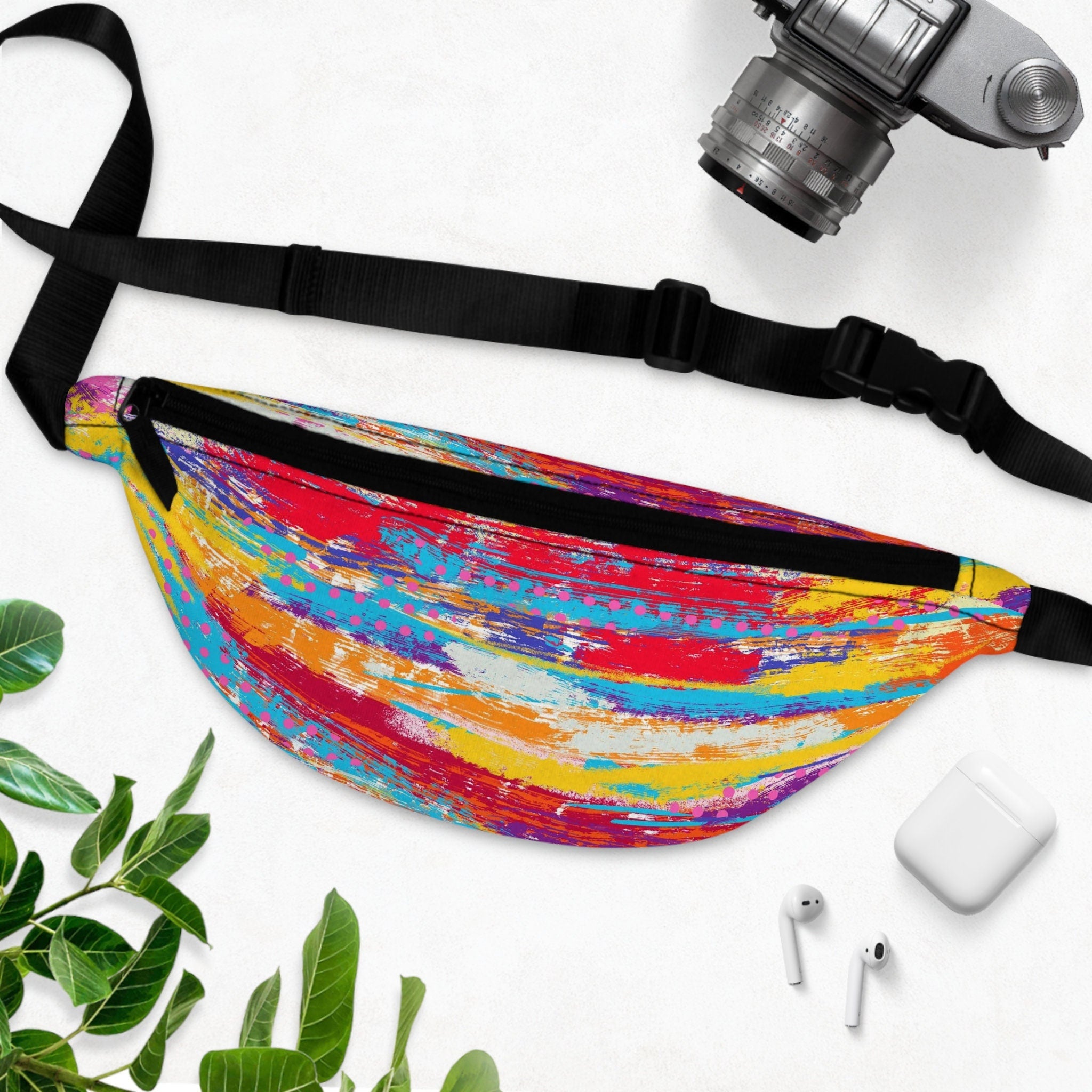 Rainbow Abstract Festival Fanny Pack: Vibrant Lay-Flat Waist Bag