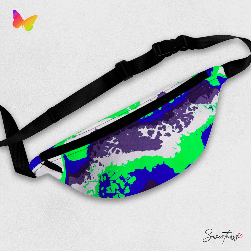 Sweetness Festival Fanny Pack: Abstract Blue Green White Gray Psychedelic Colorful Vibrant Music Rave Accessory with Lay-Flat Design