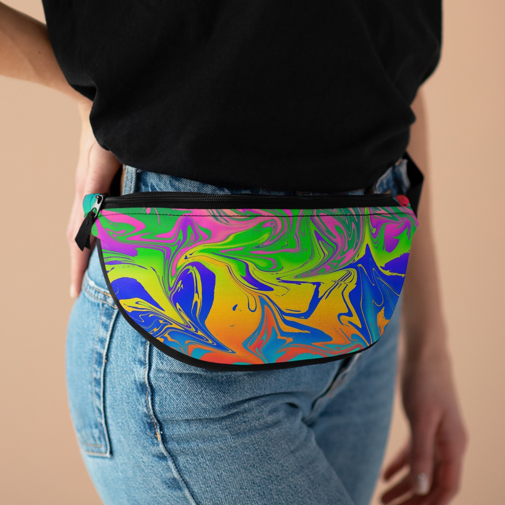 Sweetness Festival Fanny Pack: Multi-color Rainbow Galaxy Abstract Pour Painting Vibrant Accessory with Lay-Flat Design