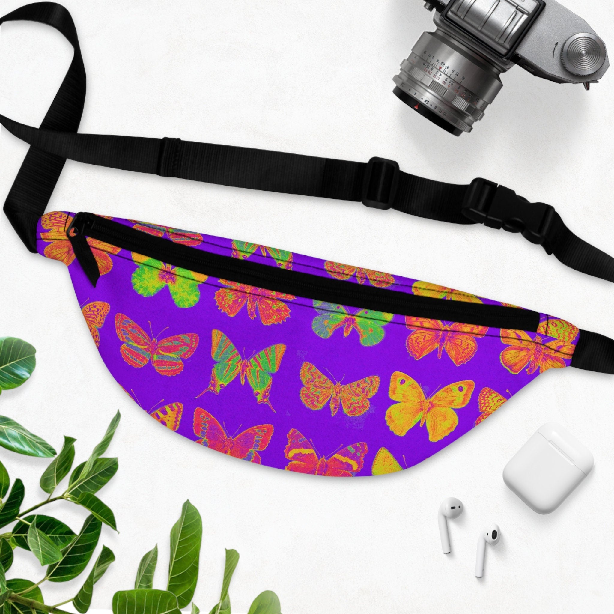 Sweetness Festival Fanny Pack: Multi-color Purple Butterfly Vibrant Accessory with Lay-Flat Design
