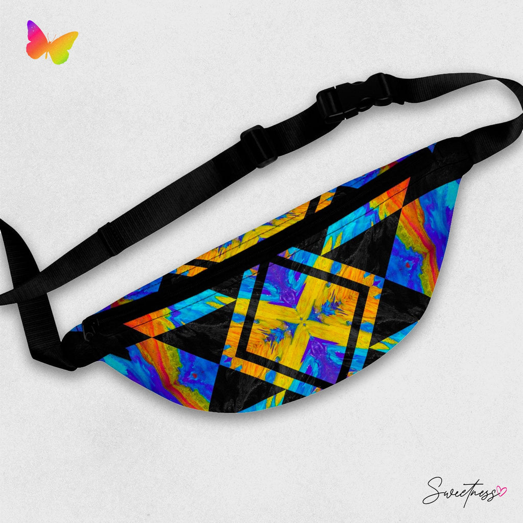 Sweetness Festival Fanny Pack: Blue Orange Geometric Pattern Abstract Pour Paint Kaleidoscope Vibrant Accessory with Lay-Flat Design