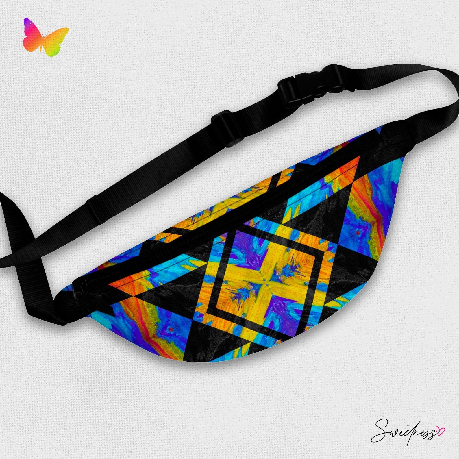 Sweetness Festival Fanny Pack: Blue Orange Geometric Pattern Abstract Pour Paint Kaleidoscope Vibrant Accessory with Lay-Flat Design