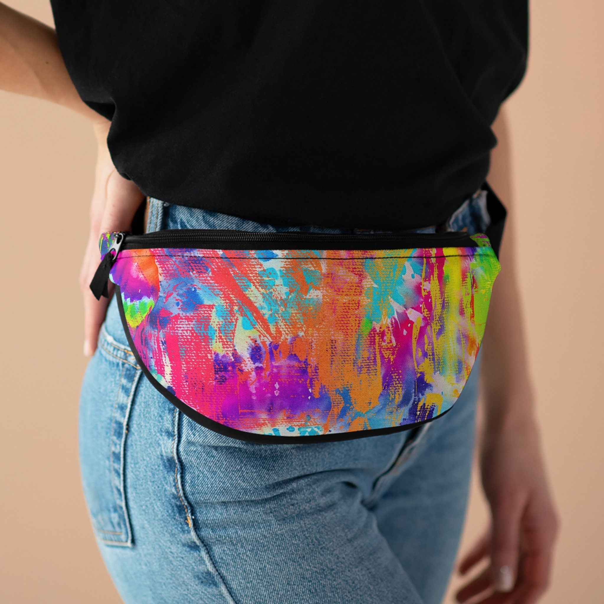 Sweetness Festival Fanny Pack: Tie Dye Rainbow Multi-color Hippie Abstract Paint Brush Drip Colorful Vibrant Accessory with Lay-Flat Design