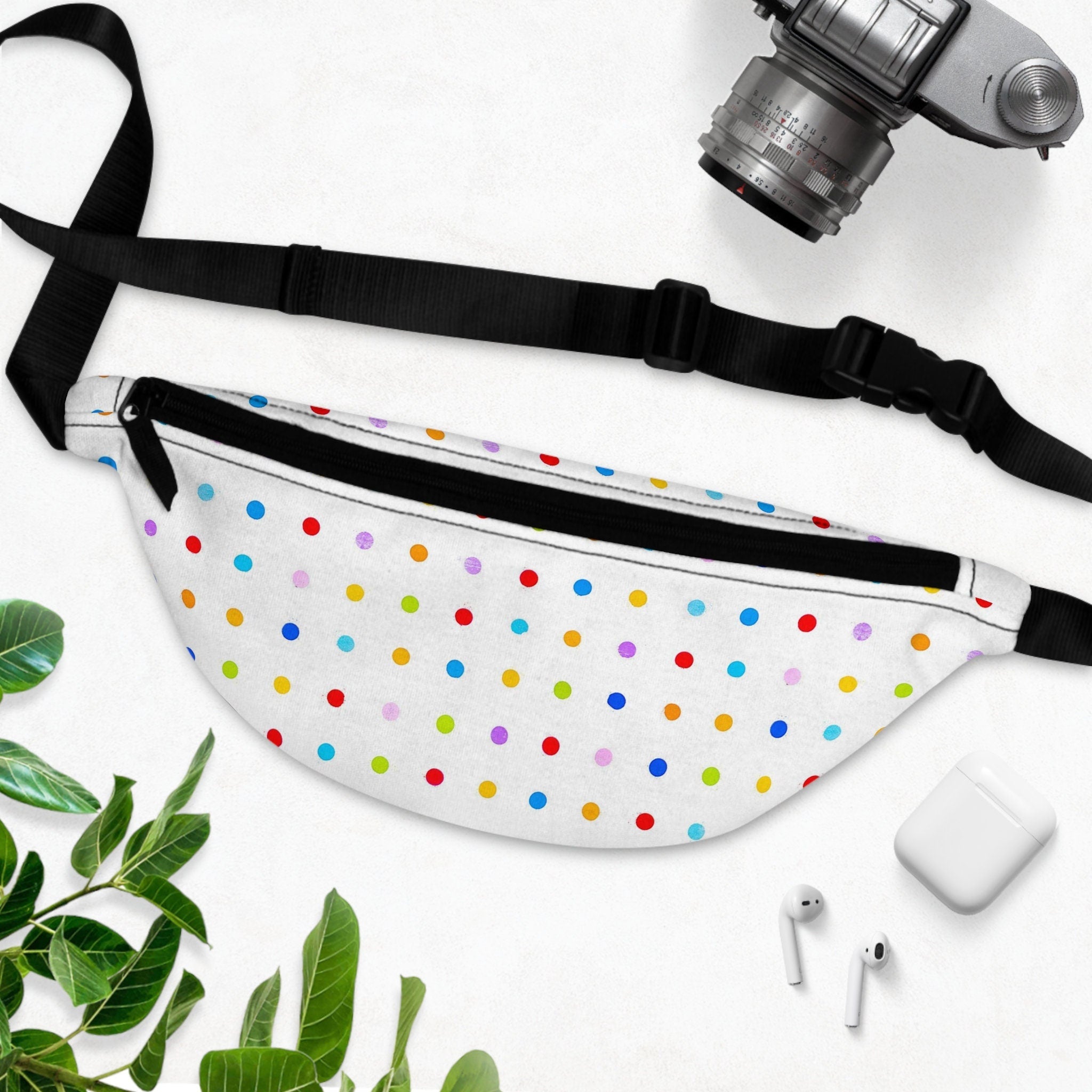 Sweetness Festival Fanny Pack: White Polka Dots Multi-color Vibrant Accessory with Lay-Flat Design