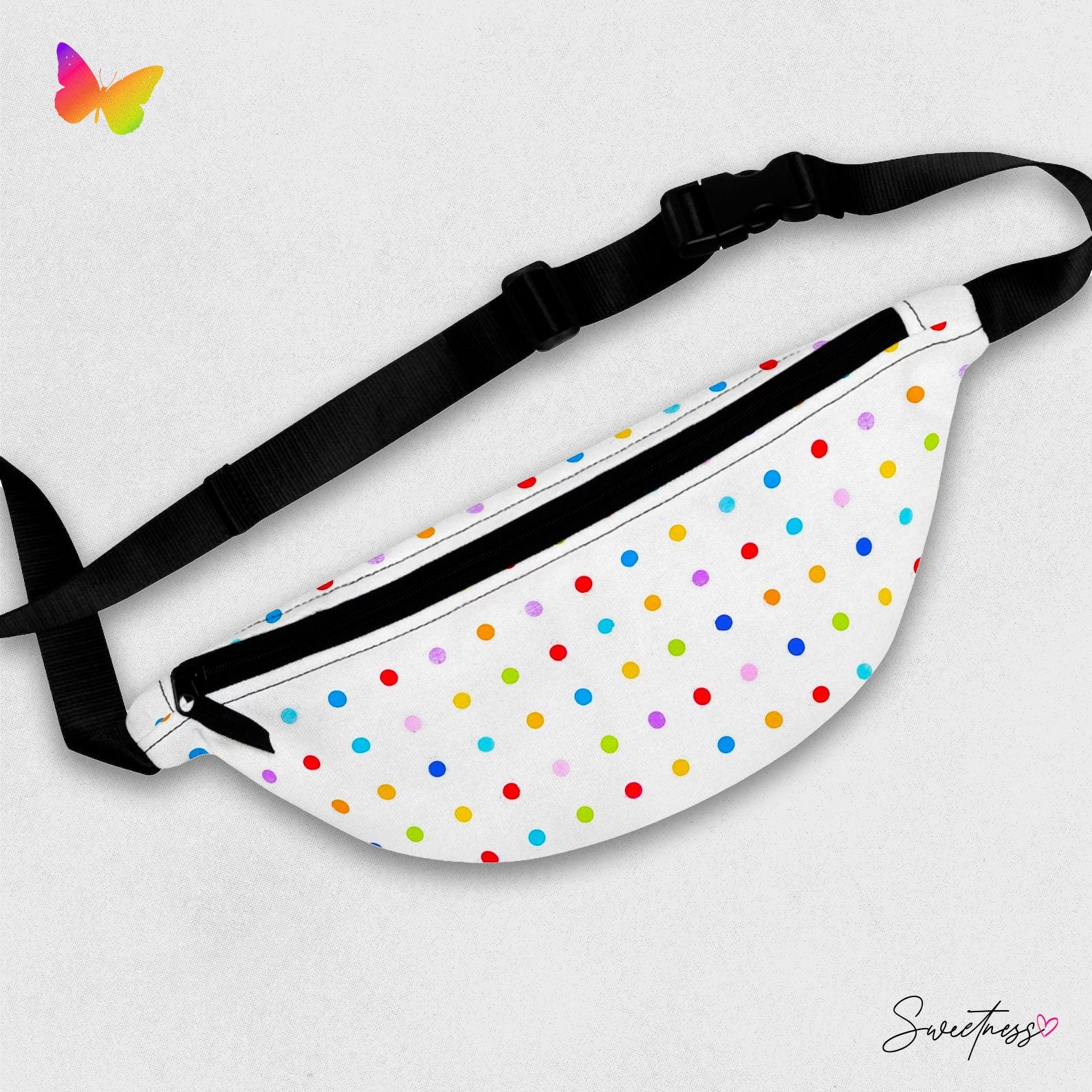 Sweetness Festival Fanny Pack: White Polka Dots Multi-color Vibrant Accessory with Lay-Flat Design