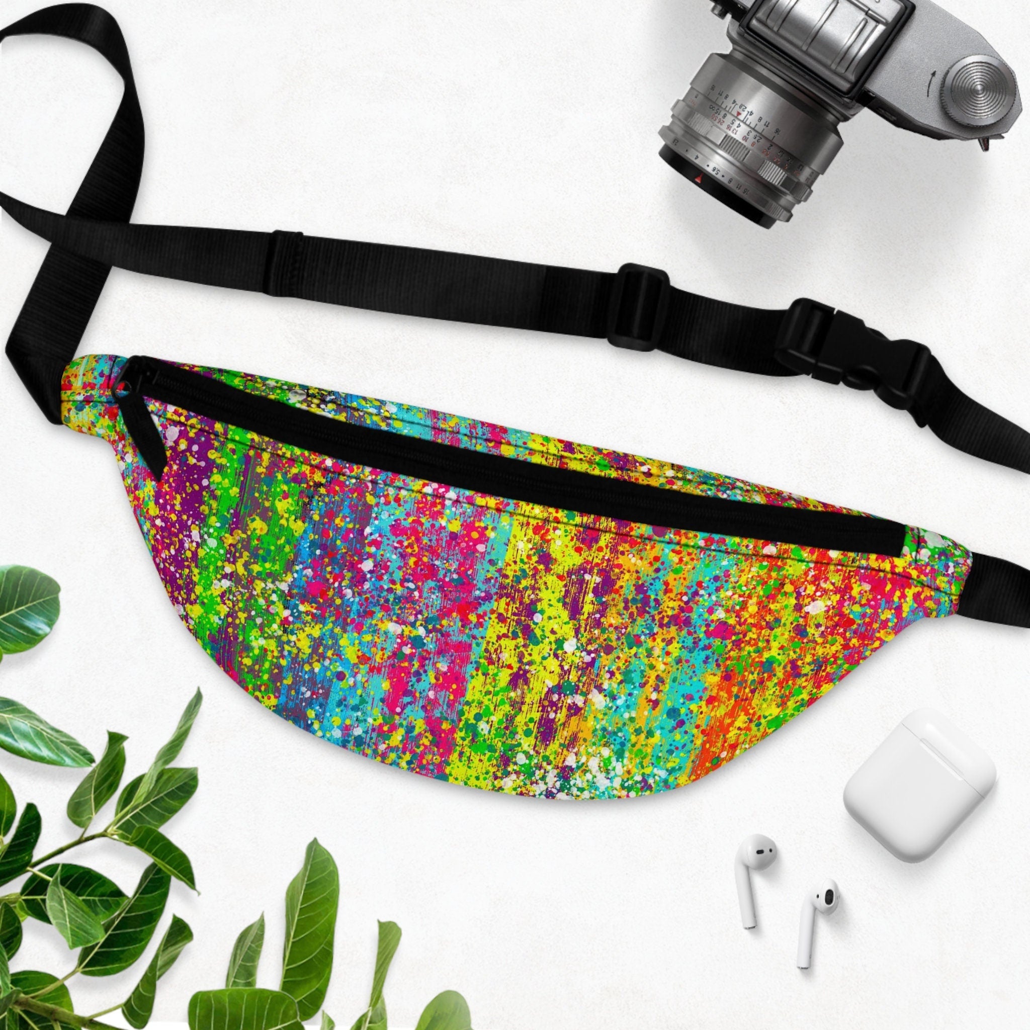 Sweetness Festival Fanny Pack: Rainbow Psychedelic Drip Paint Brush Abstract Colorful Vibrant Music Fest Accessory with Lay-Flat Design