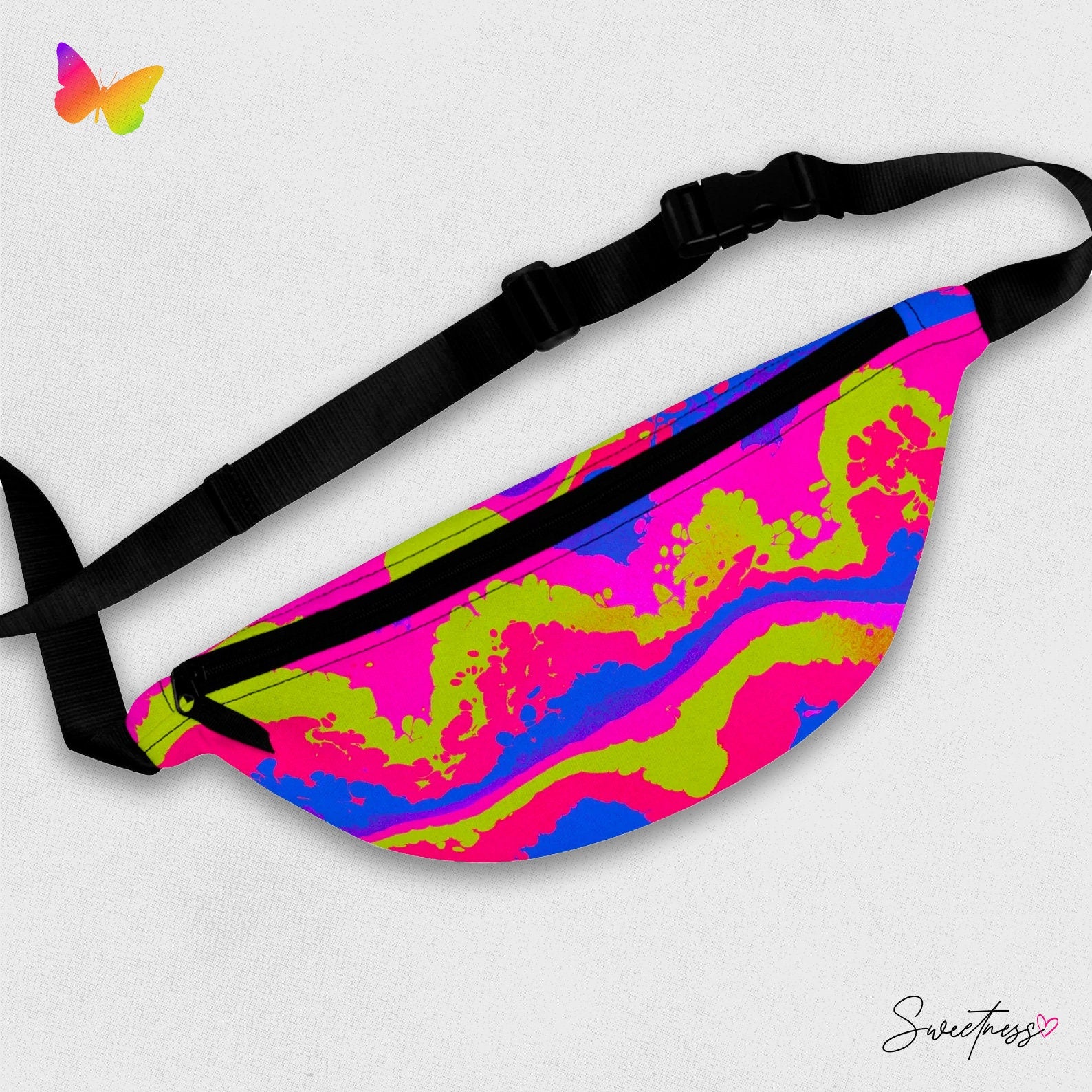 Sweetness Festival Fanny Pack: Abstract Pink Yellow Pour Paint Brush Colorful Vibrant Music Festival Rave Accessory with Lay-Flat Design