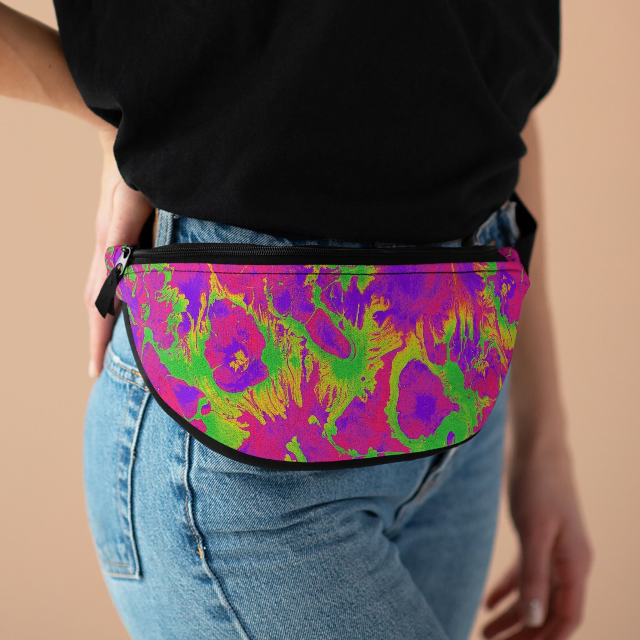 Sweetness Festival Fanny Pack: Neon Pink Purple Green Abstract Paint Trip Colorful Vibrant Accessory with Lay-Flat Design