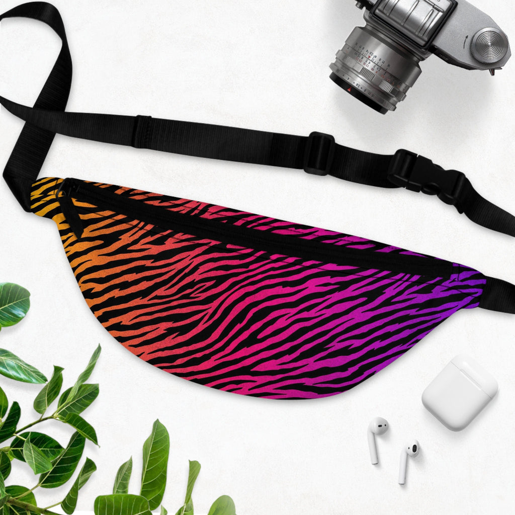 Sweetness Festival Fanny Pack: Rainbow Tiger Stripes Colorful Vibrant Accessory with Lay-Flat Design