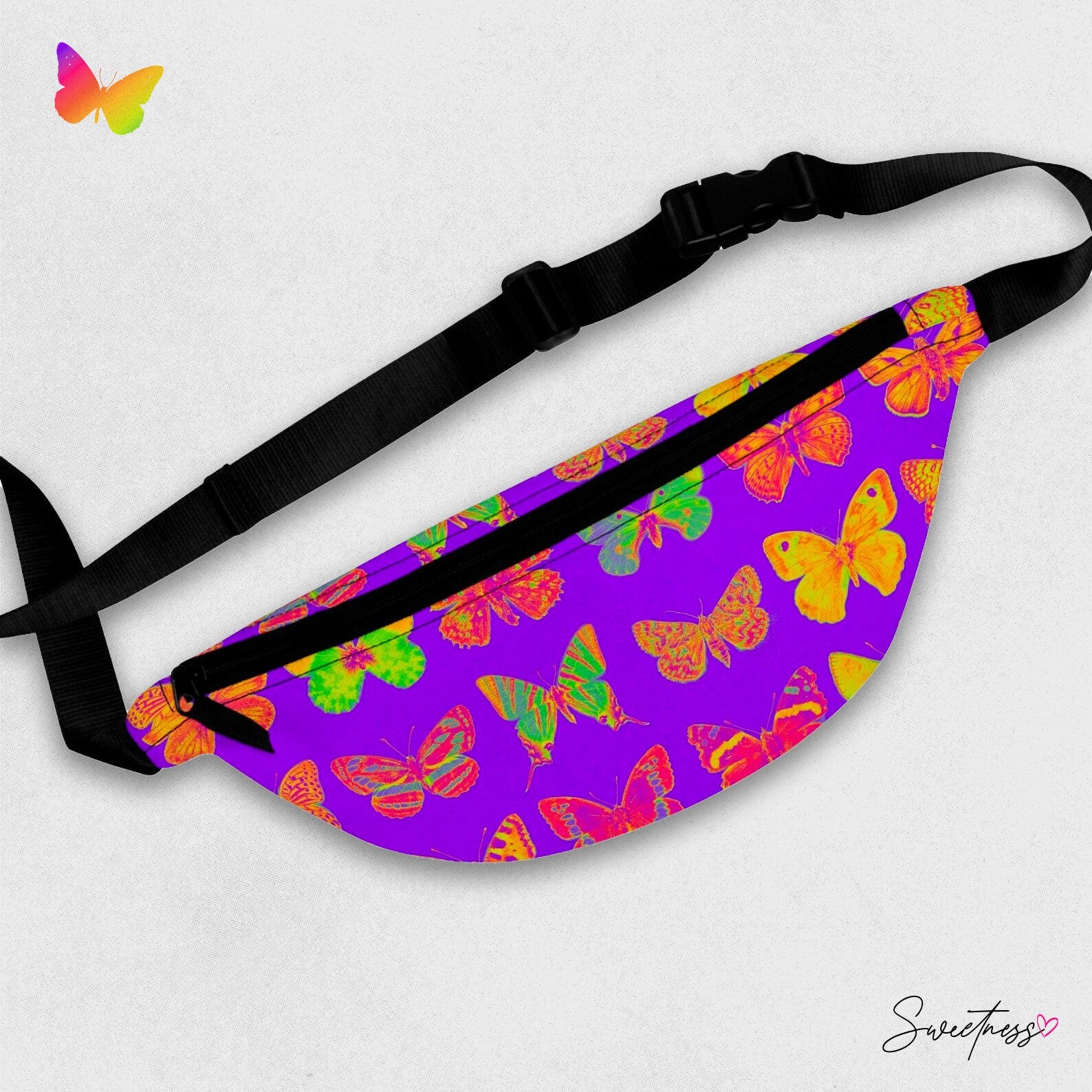 Sweetness Festival Fanny Pack: Multi-color Purple Butterfly Vibrant Accessory with Lay-Flat Design