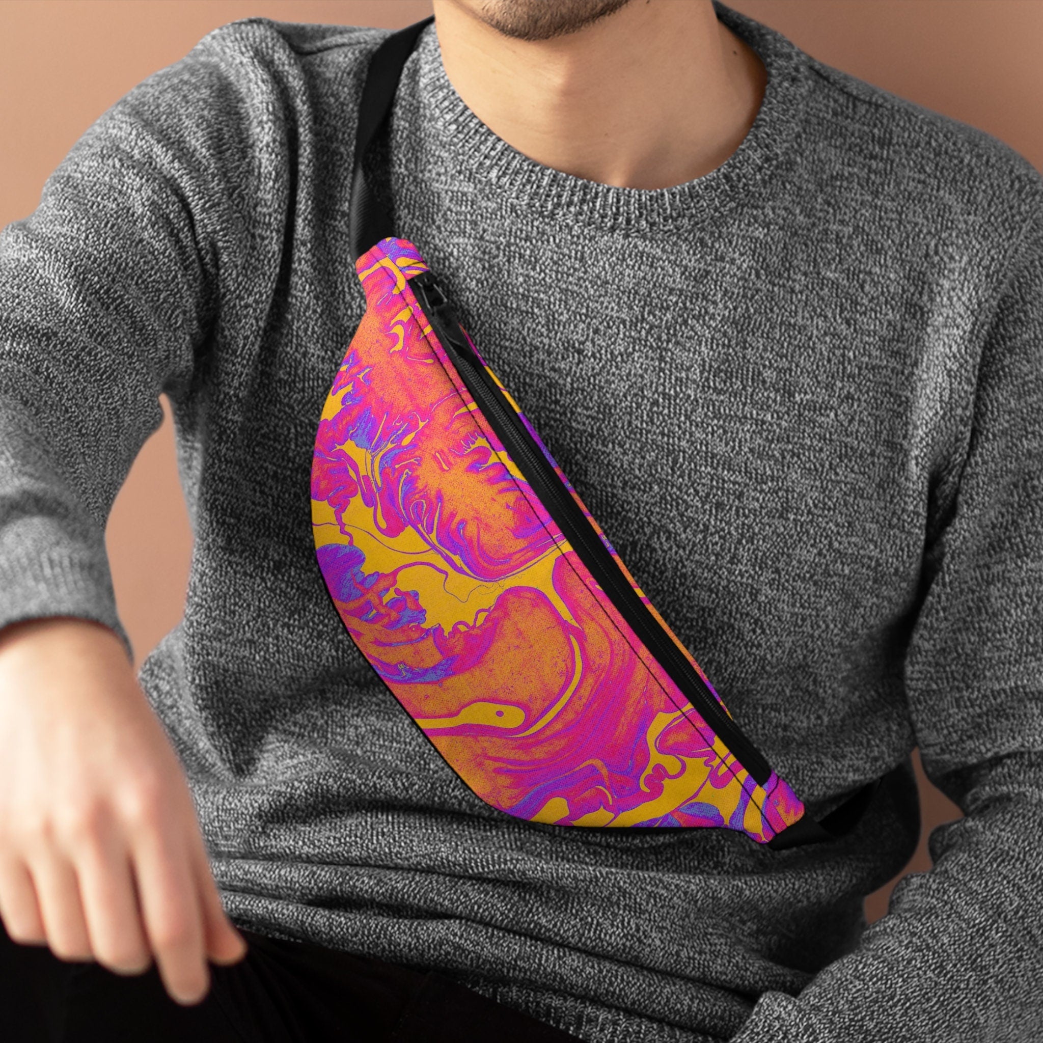 Sweetness Festival Fanny Pack: Pink Yellow Swirly Abstract Wet Paint Colorful Vibrant Accessory with Lay-Flat Design