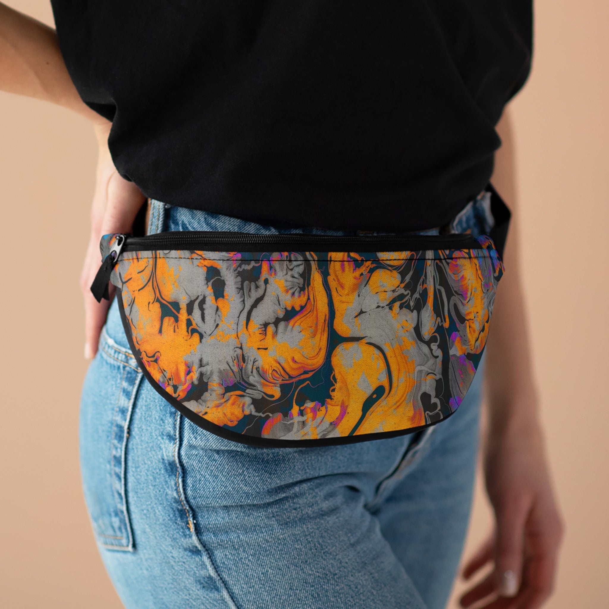 Sweetness Festival Fanny Pack: Black Yellow Abstract Paint Colorful Vibrant Accessory with Lay-Flat Design