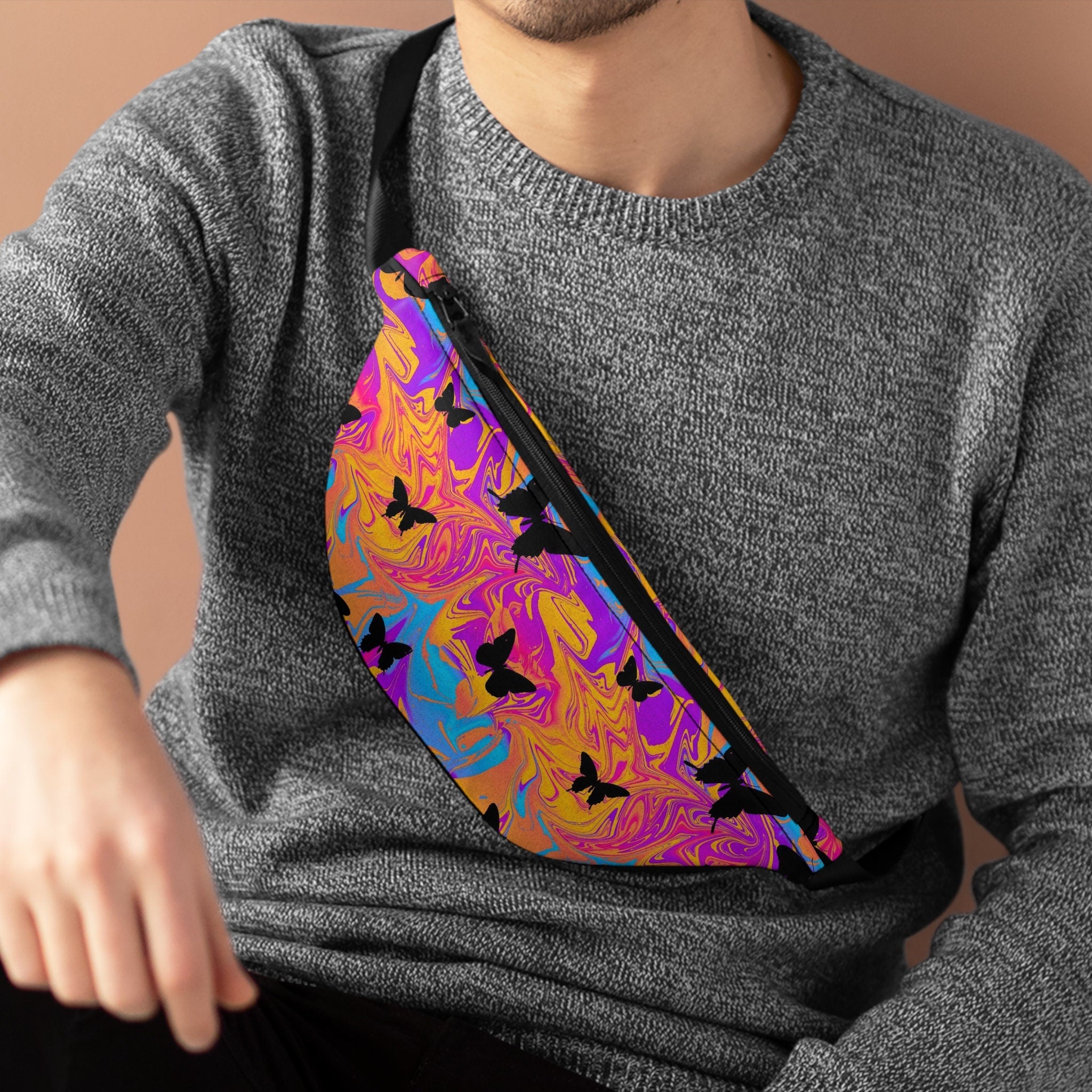 Sweetness Festival Fanny Pack: Butterfly Purple Orange Swirl Abstract Vibrant Accessory with Lay-Flat Design
