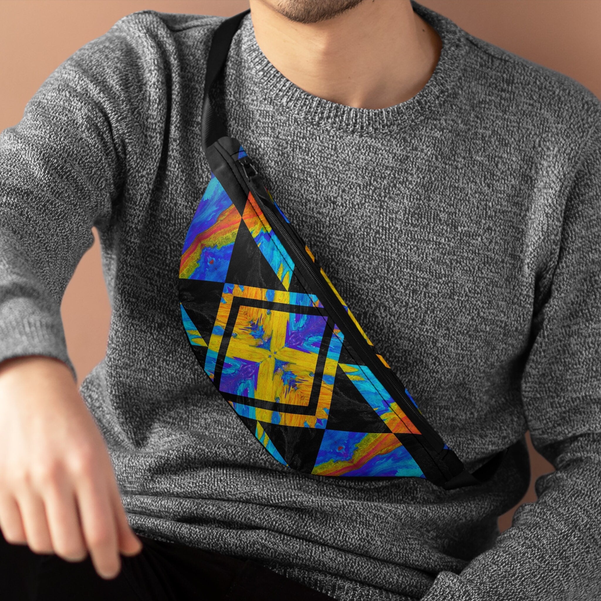 Sweetness Festival Fanny Pack: Blue Orange Geometric Pattern Abstract Pour Paint Kaleidoscope Vibrant Accessory with Lay-Flat Design