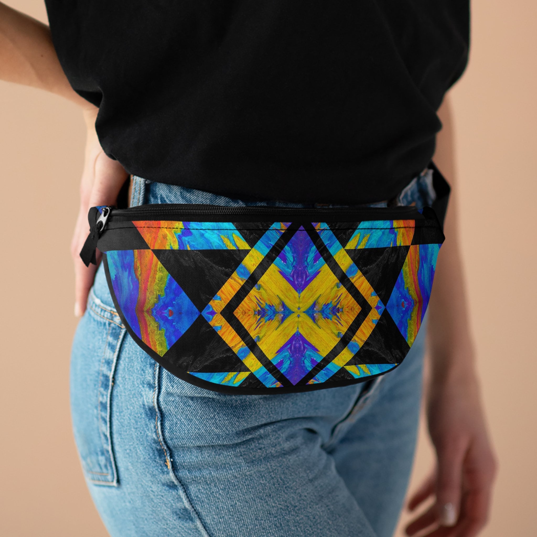Sweetness Festival Fanny Pack: Blue Orange Geometric Pattern Abstract Pour Paint Kaleidoscope Vibrant Accessory with Lay-Flat Design