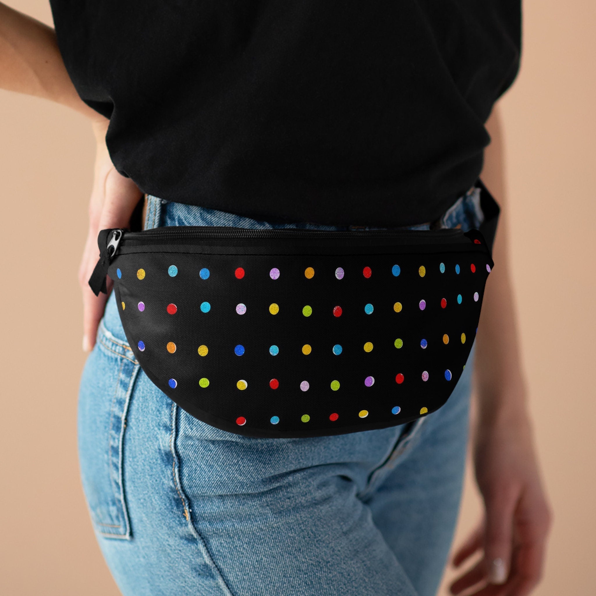 Sweetness Festival Fanny Pack: Black Multi-color Polka Dots Colorful Vibrant Accessory with Lay-Flat Design