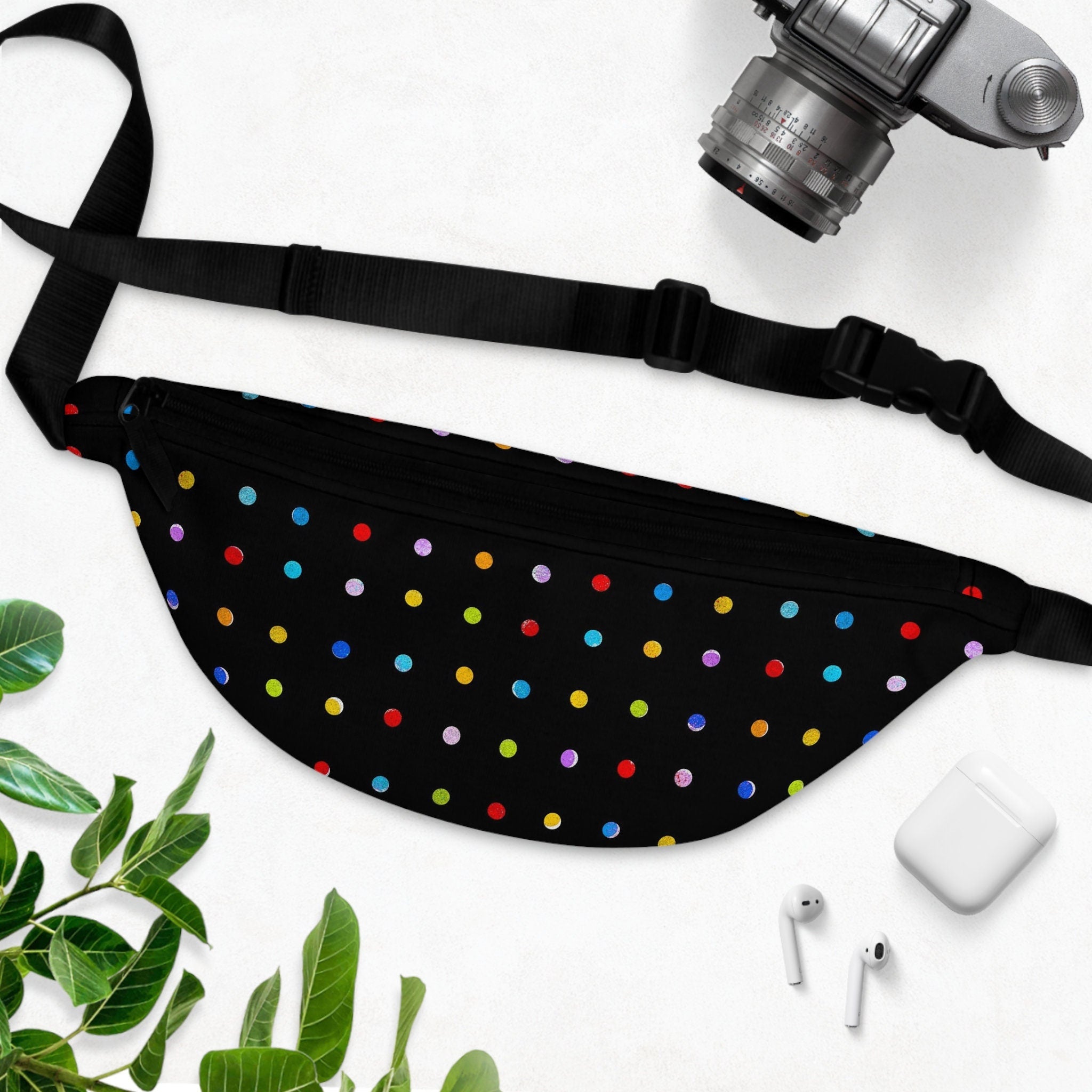 Sweetness Festival Fanny Pack: Black Multi-color Polka Dots Colorful Vibrant Accessory with Lay-Flat Design