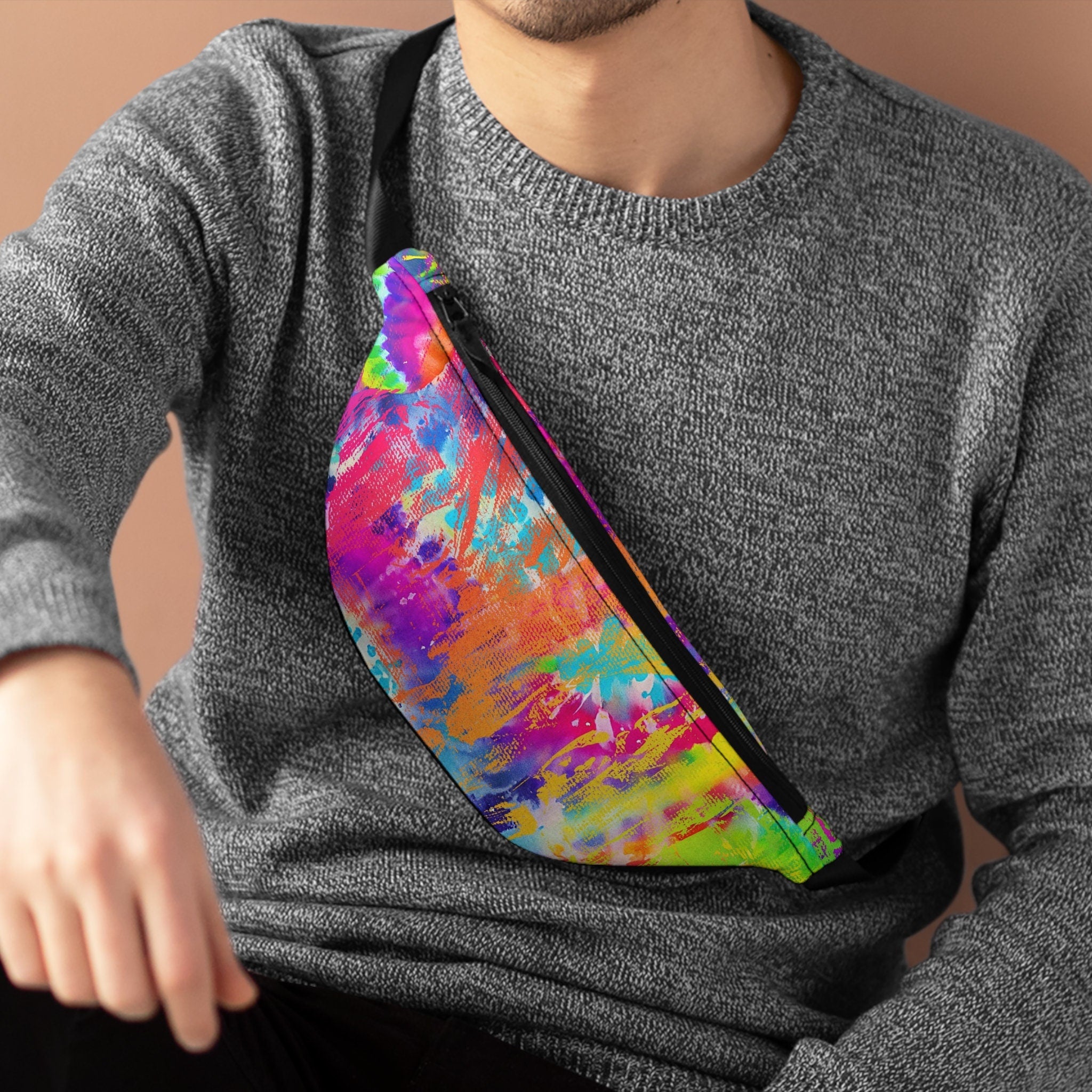 Sweetness Festival Fanny Pack: Tie Dye Rainbow Multi-color Hippie Abstract Paint Brush Drip Colorful Vibrant Accessory with Lay-Flat Design