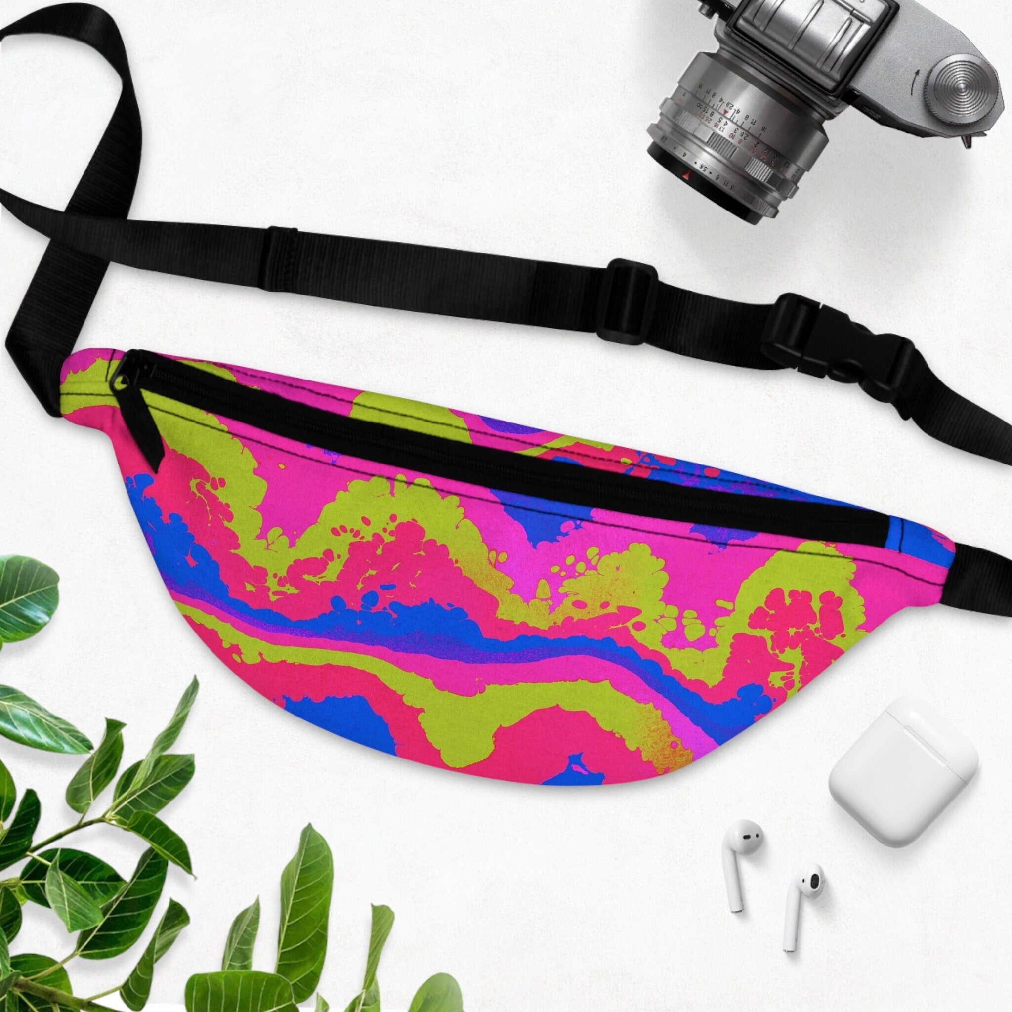 Sweetness Festival Fanny Pack: Abstract Pink Yellow Pour Paint Brush Colorful Vibrant Music Festival Rave Accessory with Lay-Flat Design