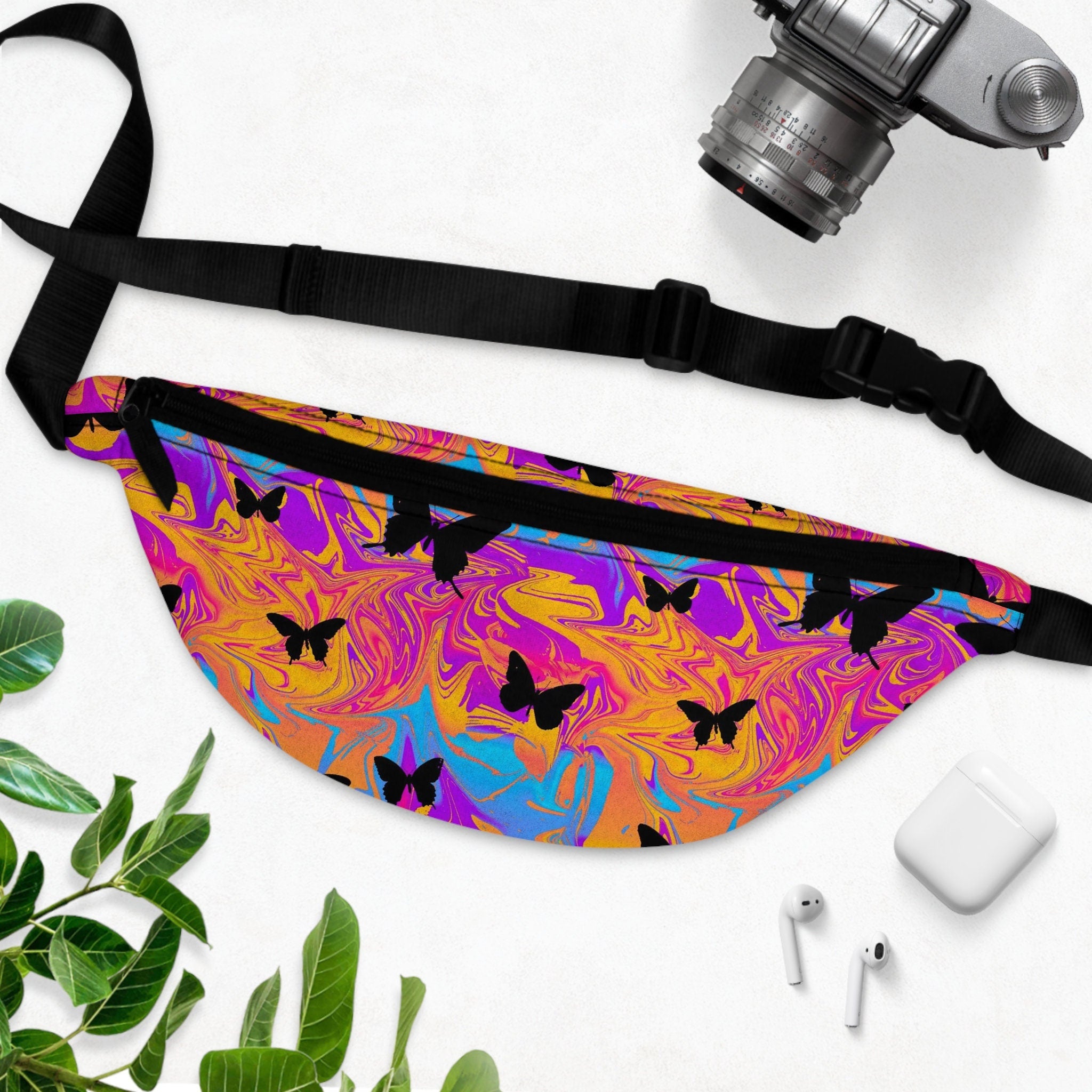 Sweetness Festival Fanny Pack: Butterfly Purple Orange Swirl Abstract Vibrant Accessory with Lay-Flat Design