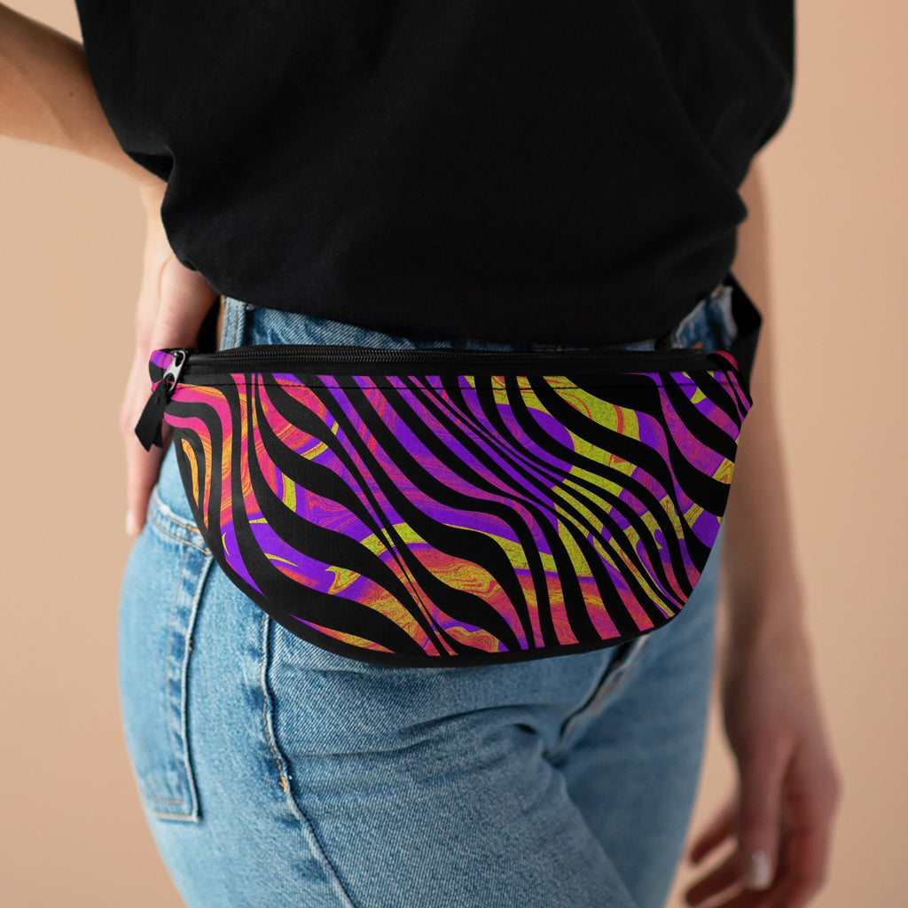 Sweetness Festival Fanny Pack: Purple Pink Yellow Stripes Abstract Pour Paint Kaleidoscope Colorful Vibrant Accessory with Lay-Flat Design