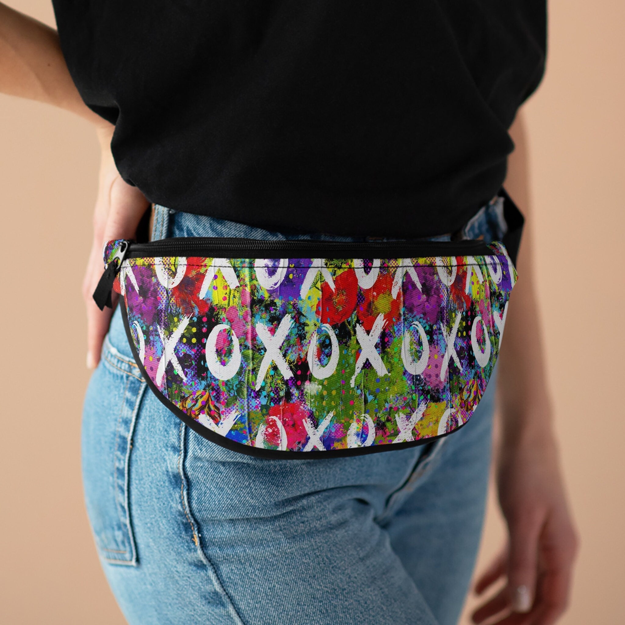 Sweetness Festival Fanny Pack: Rainbow Roses Flowers XO Abstract Paint Vibrant Accessory with Lay-Flat Design