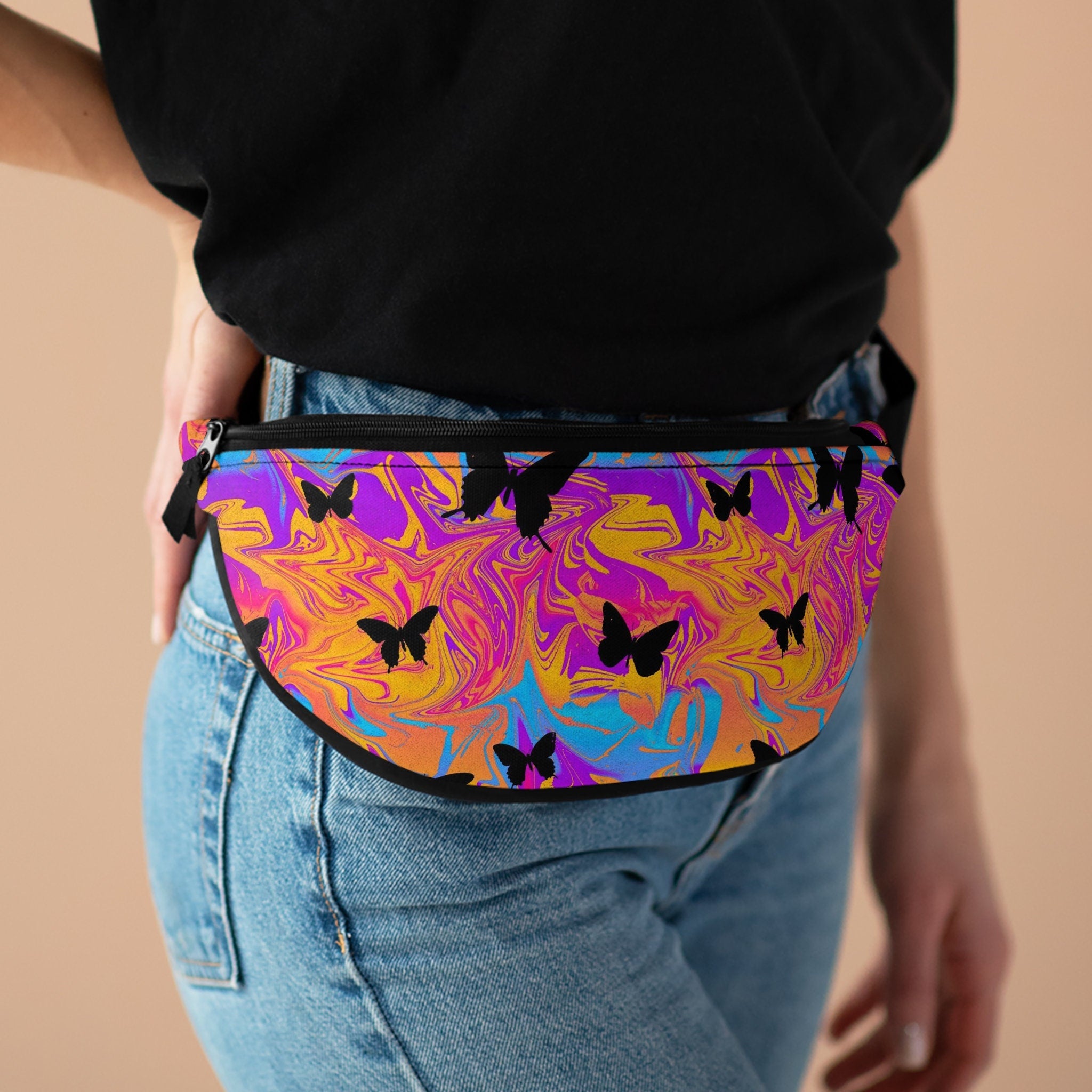 Sweetness Festival Fanny Pack: Butterfly Purple Orange Swirl Abstract Vibrant Accessory with Lay-Flat Design