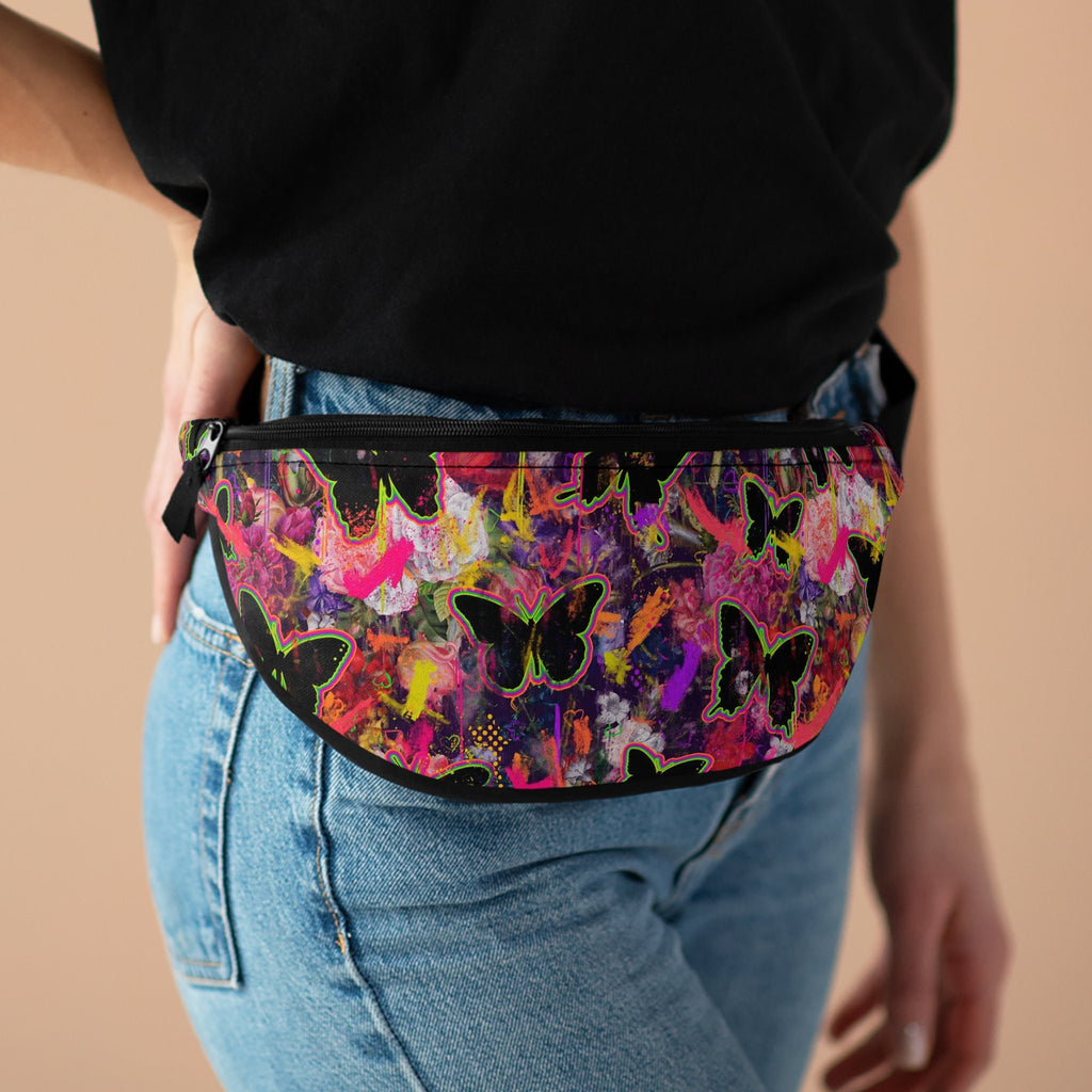 Sweetness Festival Fanny Pack: Black Butterfly Abstract Pink Green Yellow Colorful Vibrant Accessory with Lay-Flat Design