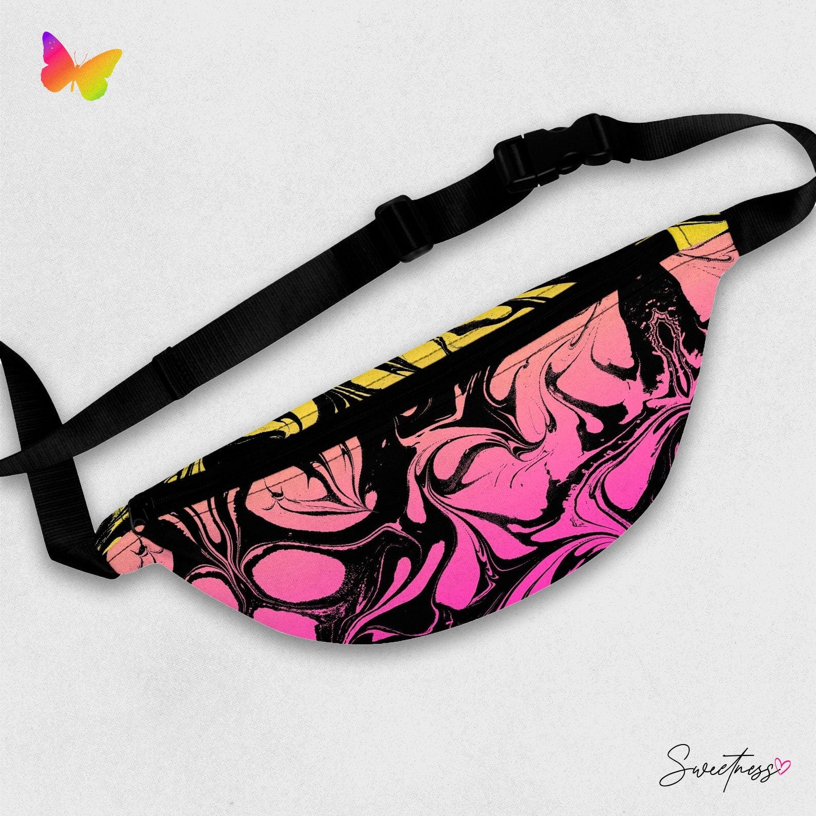 Abstract Pour Paint Fanny Pack: Pink Yellow Festival Waist Bag