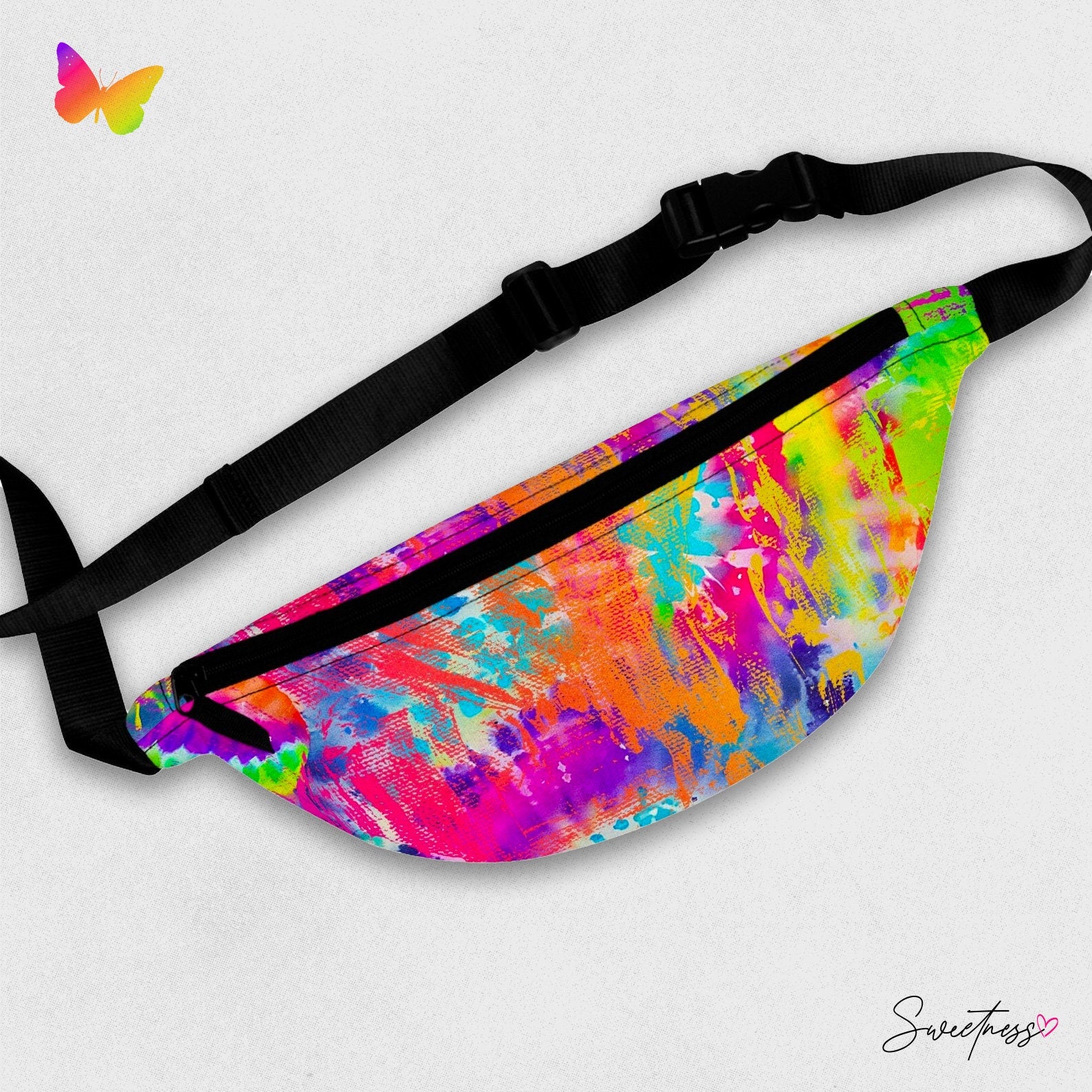 Sweetness Festival Fanny Pack: Tie Dye Rainbow Multi-color Hippie Abstract Paint Brush Drip Colorful Vibrant Accessory with Lay-Flat Design