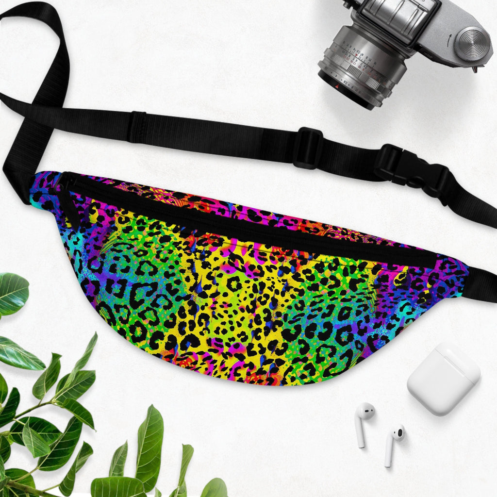 Sweetness Festival Fanny Pack: Cheetah Rainbow Animal Print Psychedelic Colorful Vibrant Music Rave Accessory with Lay-Flat Design