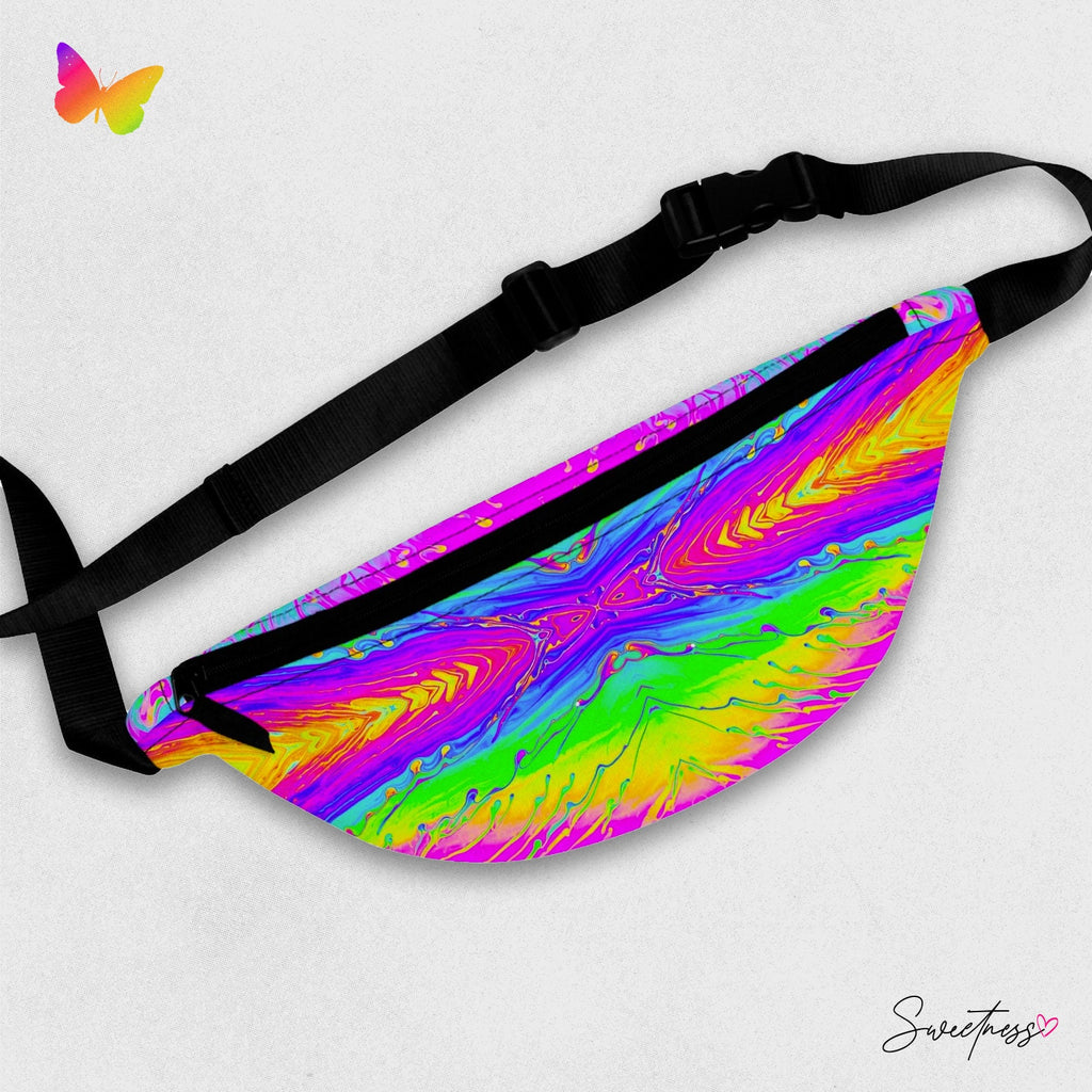 Sweetness Festival Fanny Pack: Rainbow Iridescent Abstract Psychedelic Paint Drip Colorful Vibrant Music Fest Accessory with Lay-Flat Design