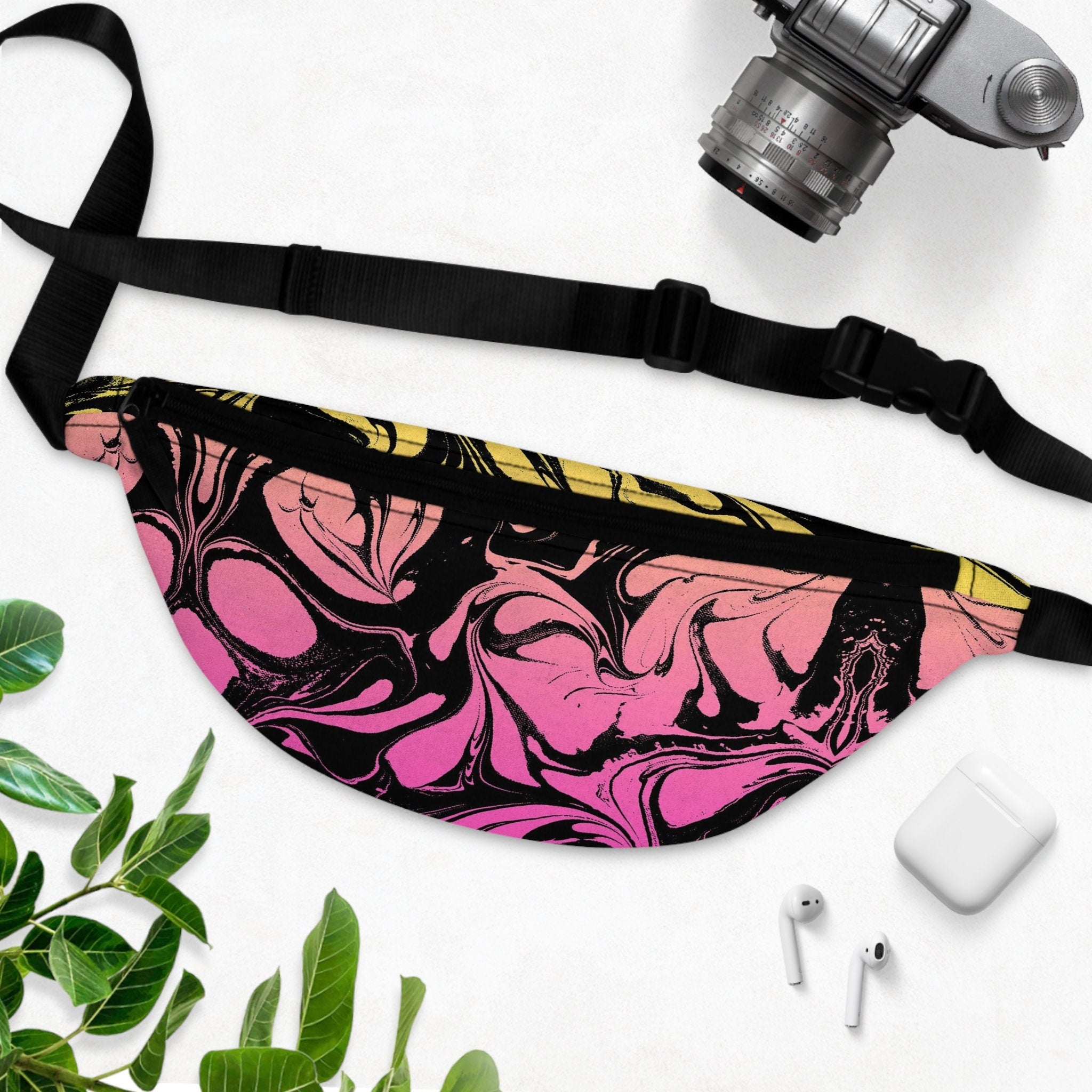 Abstract Pour Paint Fanny Pack: Pink Yellow Festival Waist Bag