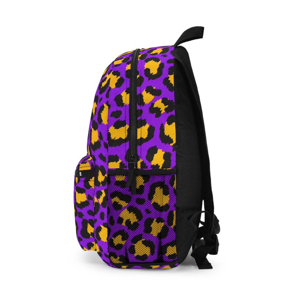 Cheetah Print Festival Backpack: Purple & Yellow Animal Skin Travel Bag