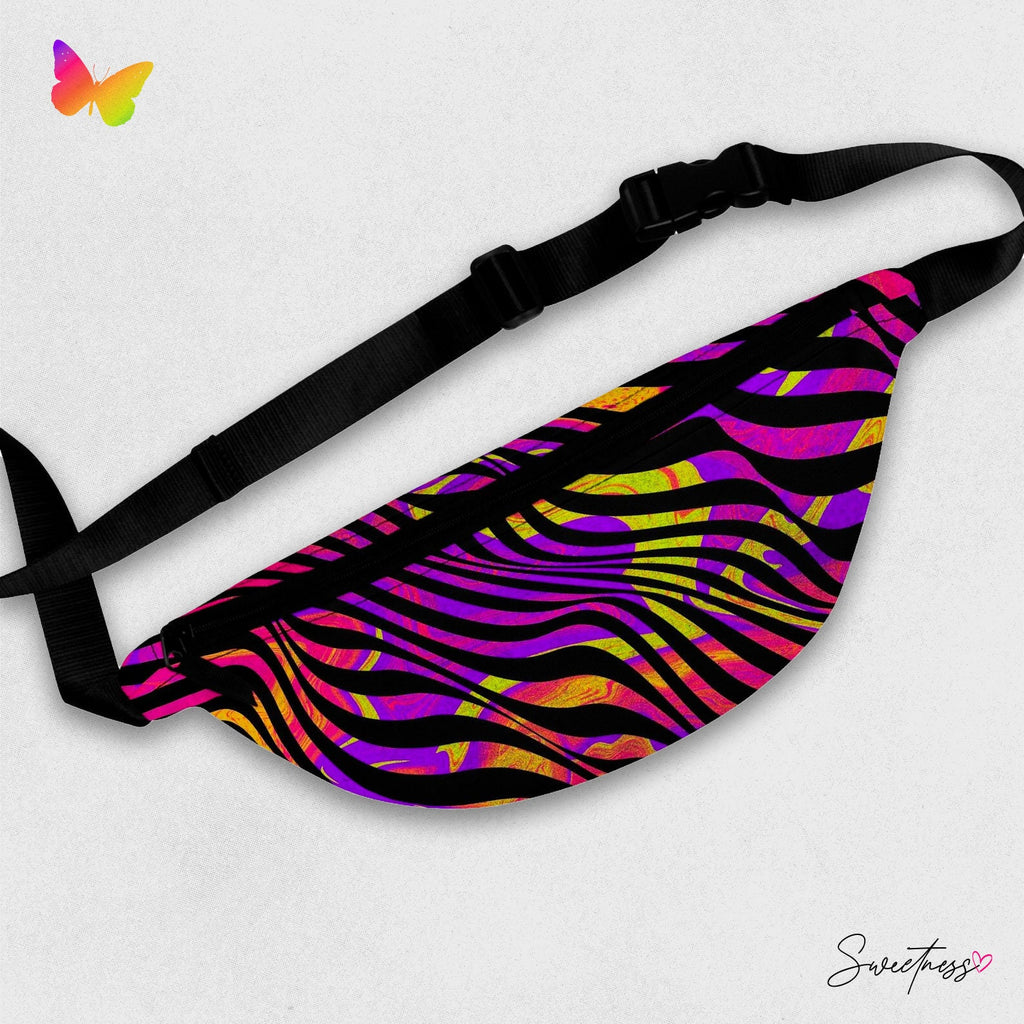 Sweetness Festival Fanny Pack: Purple Pink Yellow Stripes Abstract Pour Paint Kaleidoscope Colorful Vibrant Accessory with Lay-Flat Design
