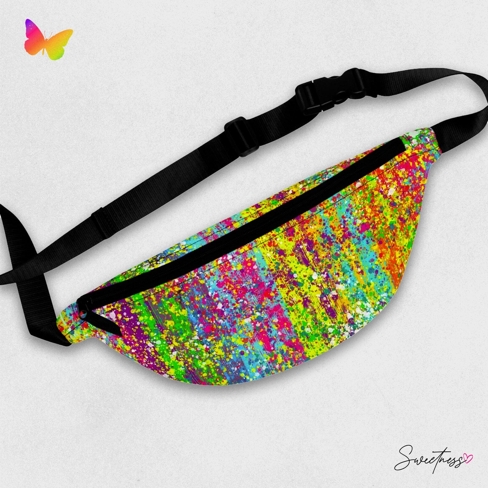 Sweetness Festival Fanny Pack: Rainbow Psychedelic Drip Paint Brush Abstract Colorful Vibrant Music Fest Accessory with Lay-Flat Design