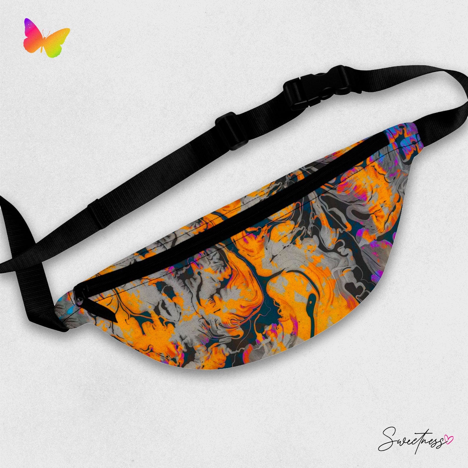 Sweetness Festival Fanny Pack: Black Yellow Abstract Paint Colorful Vibrant Accessory with Lay-Flat Design