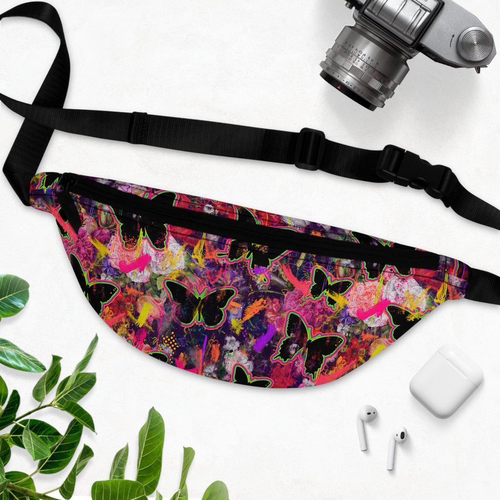 Sweetness Festival Fanny Pack: Black Butterfly Abstract Pink Green Yellow Colorful Vibrant Accessory with Lay-Flat Design