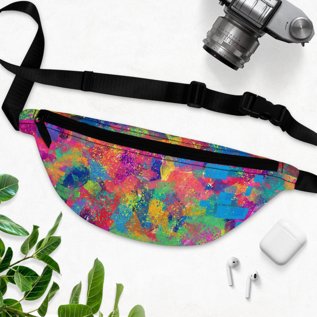 Sweetness Festival Fanny Pack: Abstract Yellow Blue Rainbow Psychedelic Colorful Vibrant Music Festival Rave Accessory with Lay-Flat Design