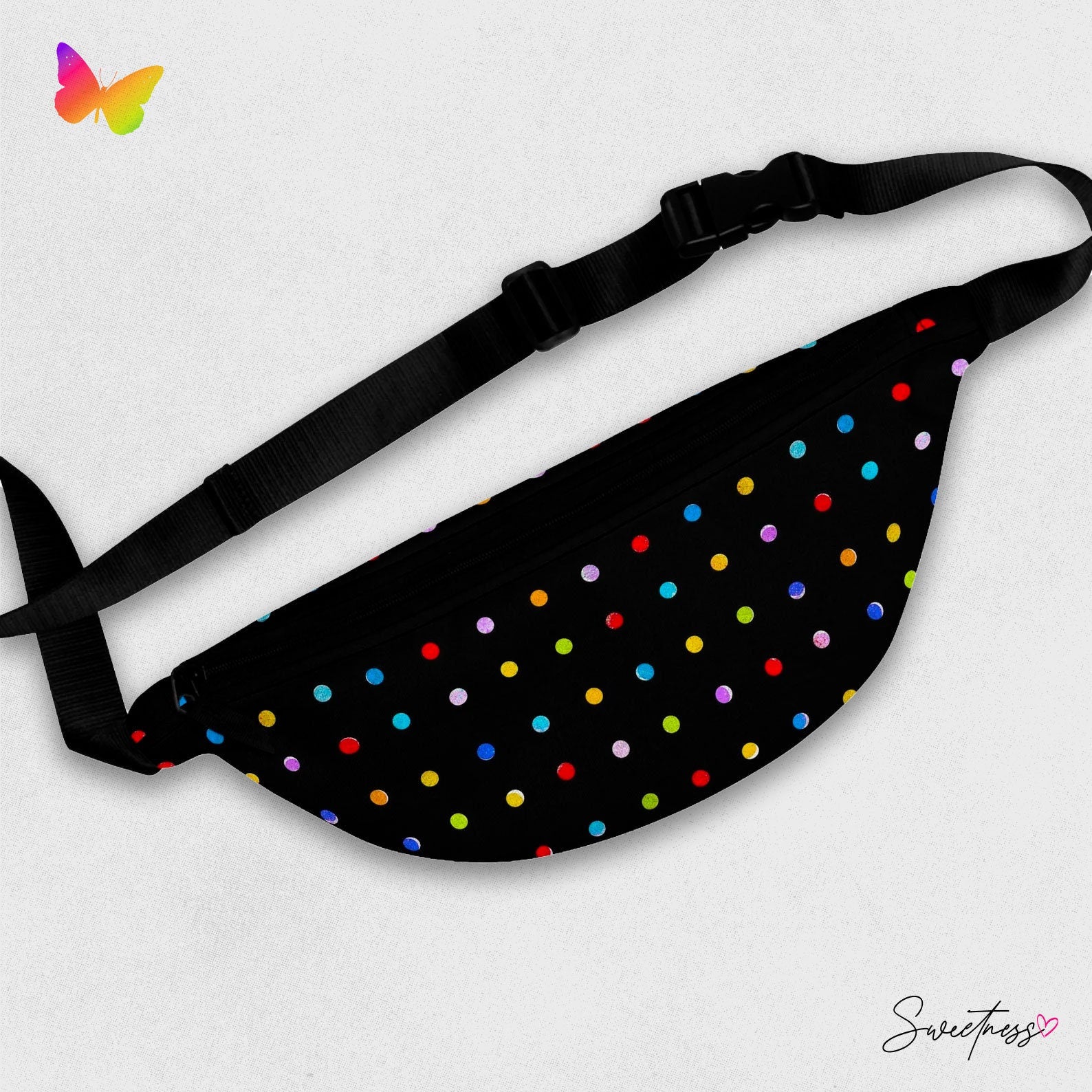 Sweetness Festival Fanny Pack: Black Multi-color Polka Dots Colorful Vibrant Accessory with Lay-Flat Design