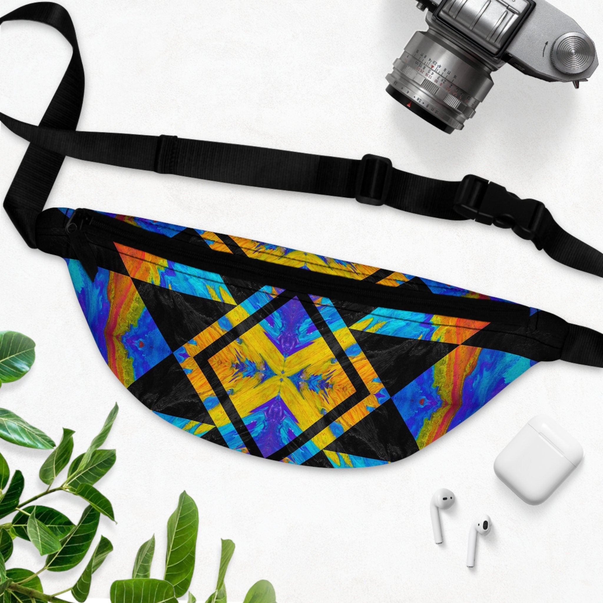 Sweetness Festival Fanny Pack: Blue Orange Geometric Pattern Abstract Pour Paint Kaleidoscope Vibrant Accessory with Lay-Flat Design