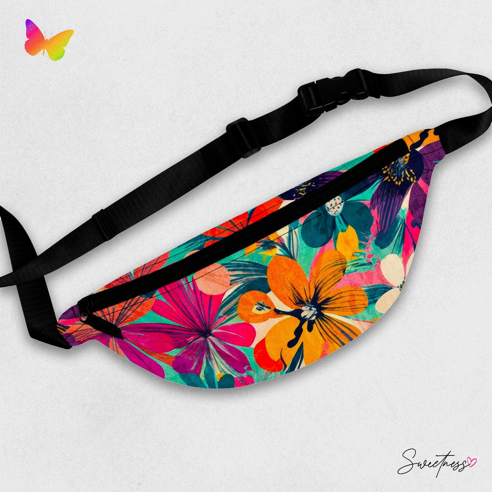 Rainbow Floral Fanny Pack: Vibrant Hawaiian Festival Waist Bag