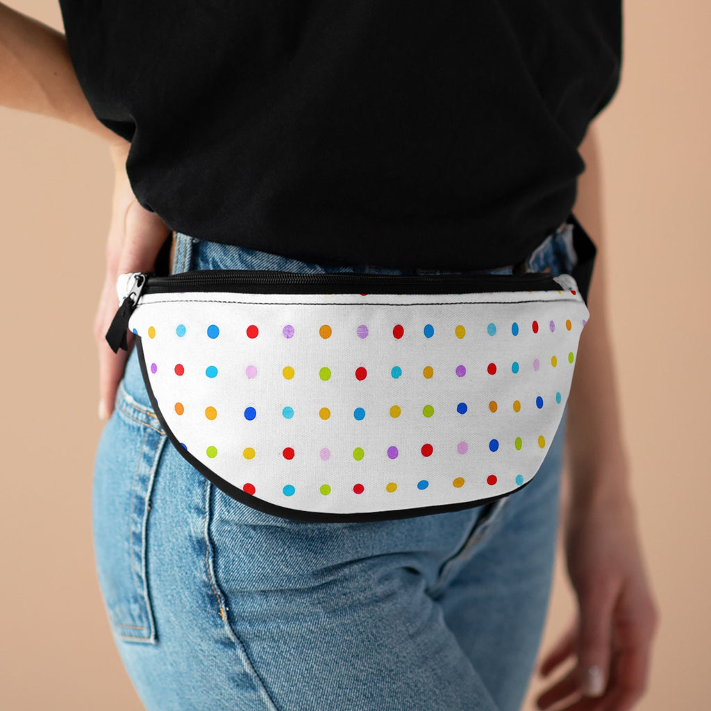 Sweetness Festival Fanny Pack: White Polka Dots Multi-color Vibrant Accessory with Lay-Flat Design