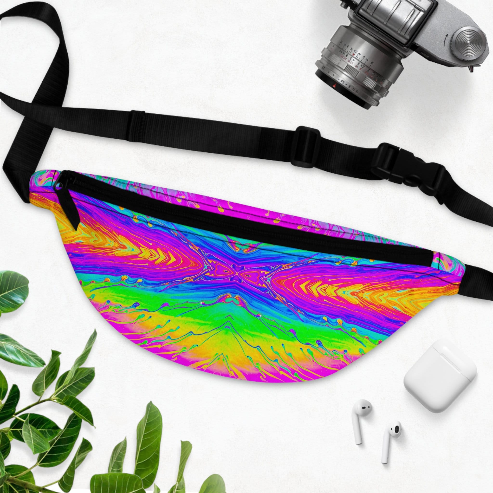 Sweetness Festival Fanny Pack: Rainbow Iridescent Abstract Psychedelic Paint Drip Colorful Vibrant Music Fest Accessory with Lay-Flat Design