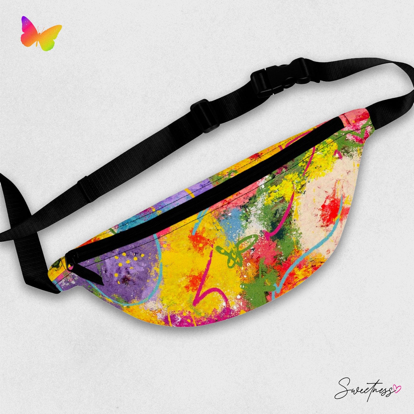 Sweetness Festival Fanny Pack: Abstract Flowers Multi-color Vibrant Accessory with Lay-Flat Design