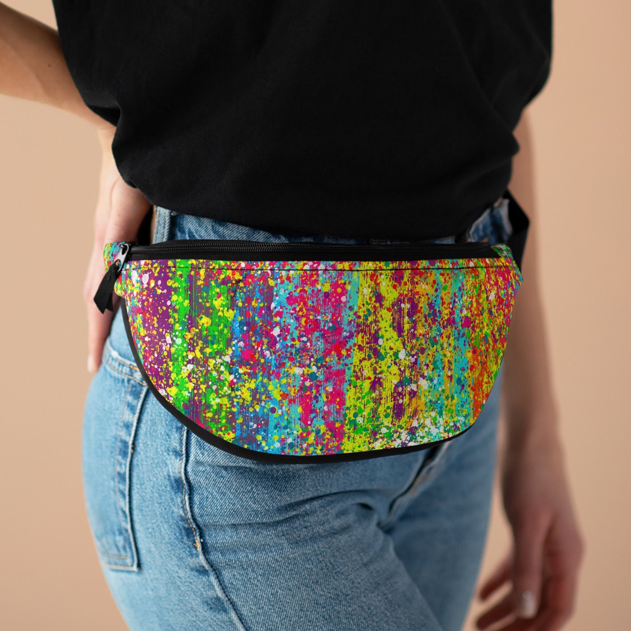 Sweetness Festival Fanny Pack: Rainbow Psychedelic Drip Paint Brush Abstract Colorful Vibrant Music Fest Accessory with Lay-Flat Design